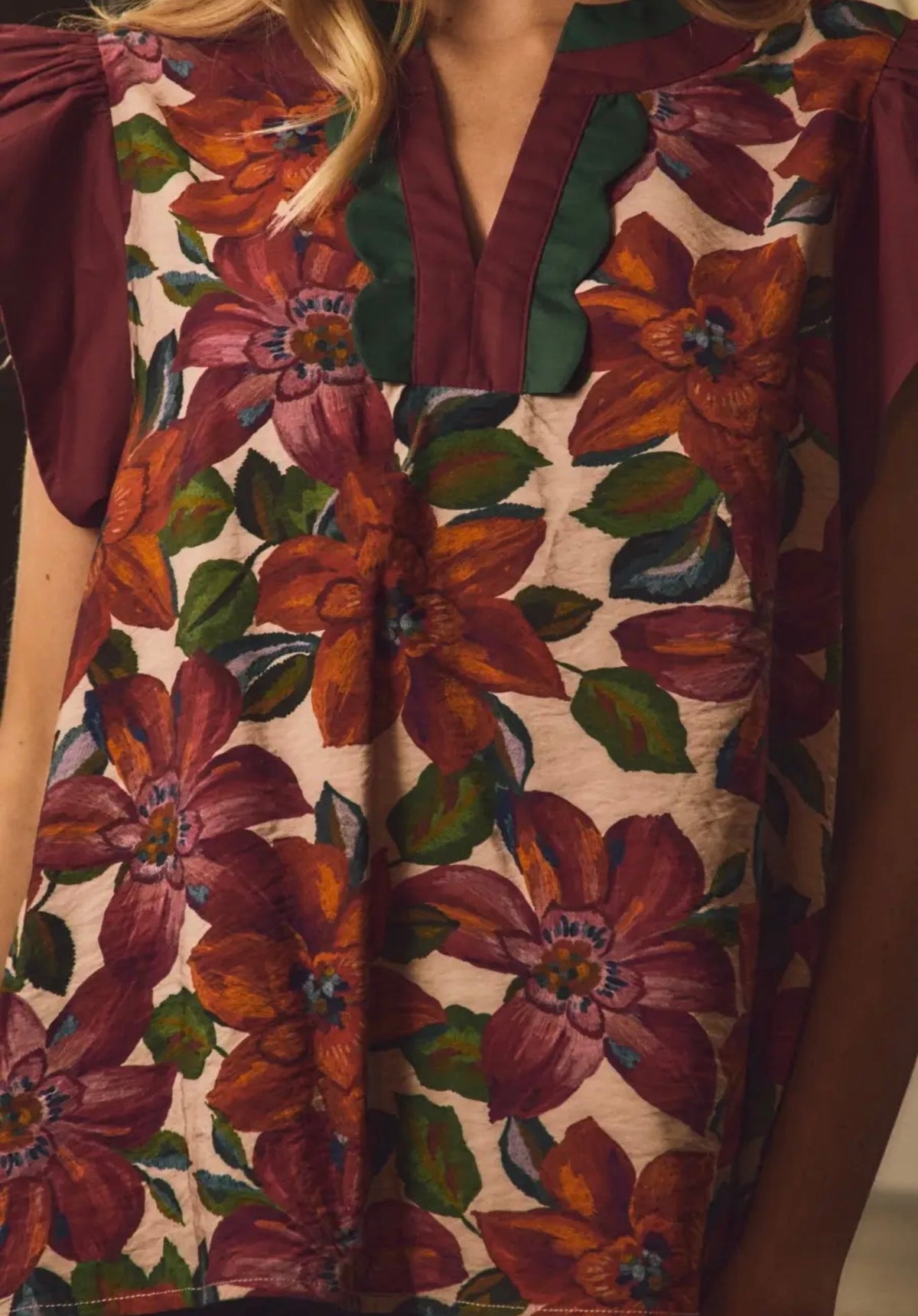 Maroon and Forest Floral Top