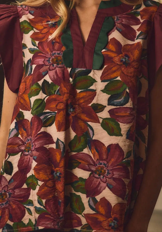 Maroon and Forest Floral Top