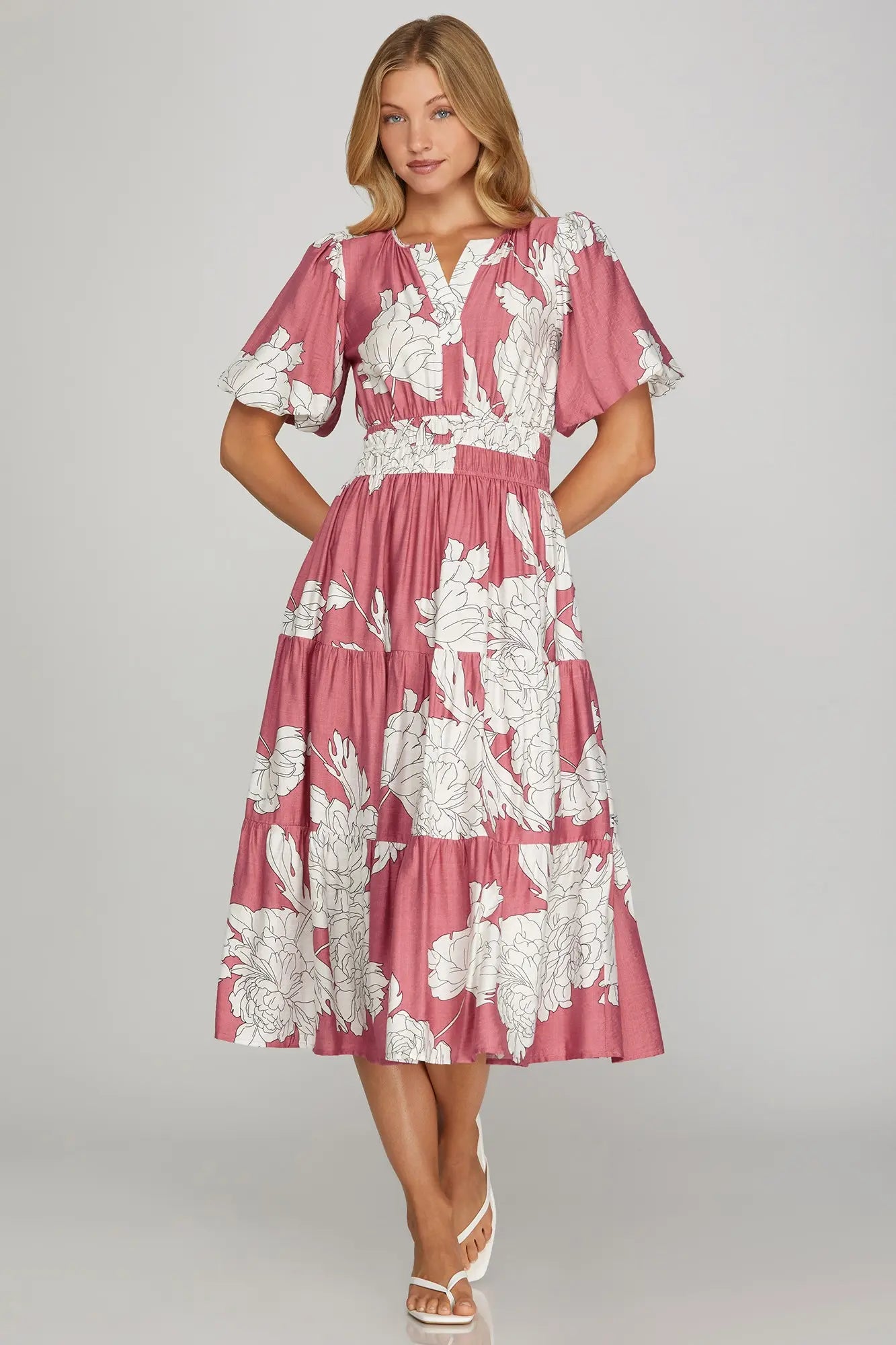 Bubble Sleeve Printed Midi Dress