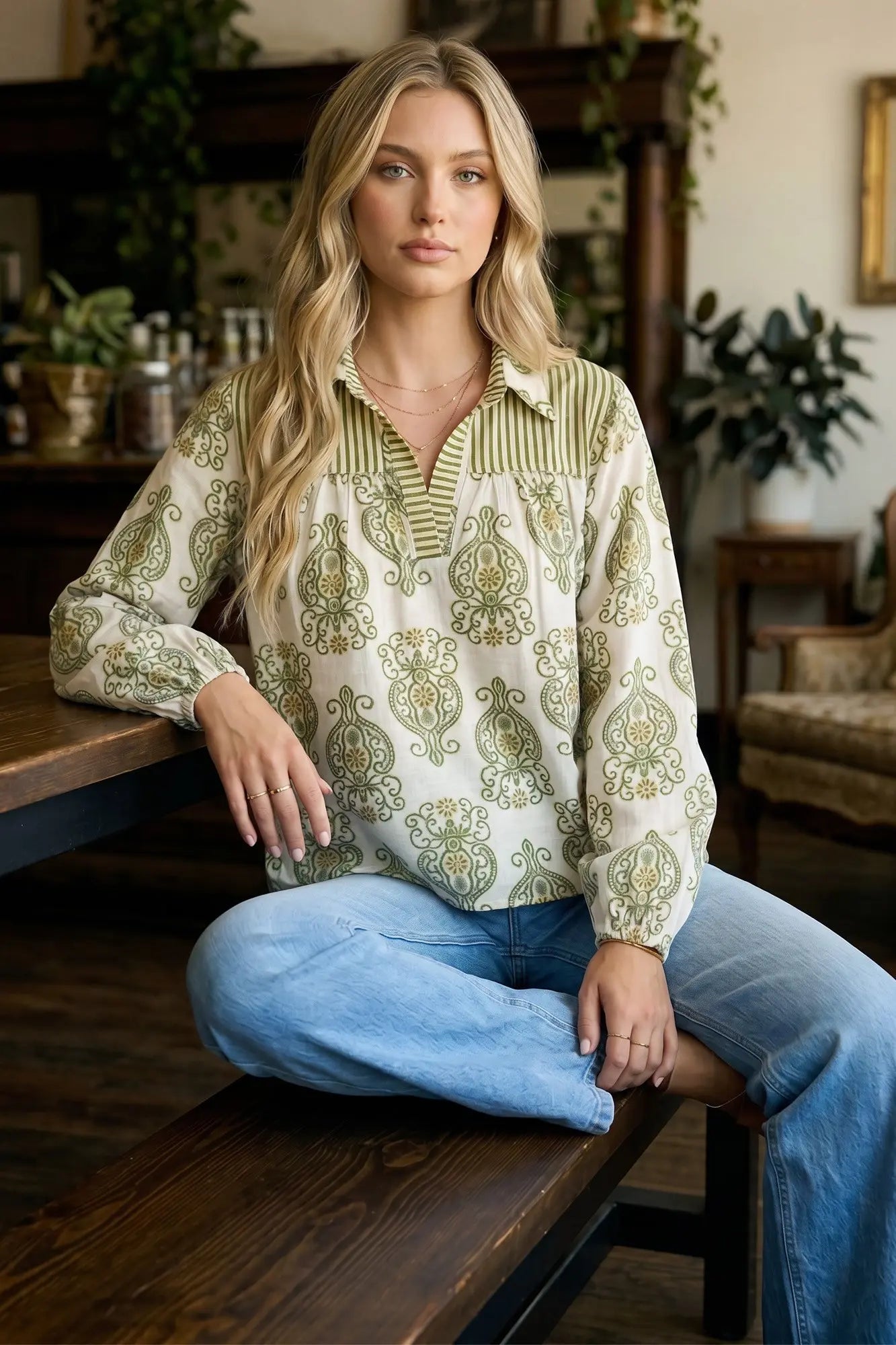 Long Sleeve Woven Print Top