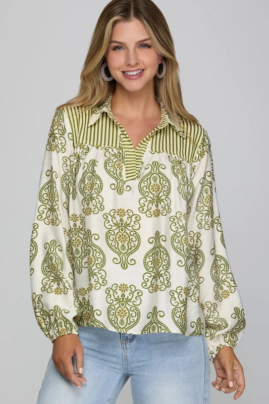 Long Sleeve Woven Print Top