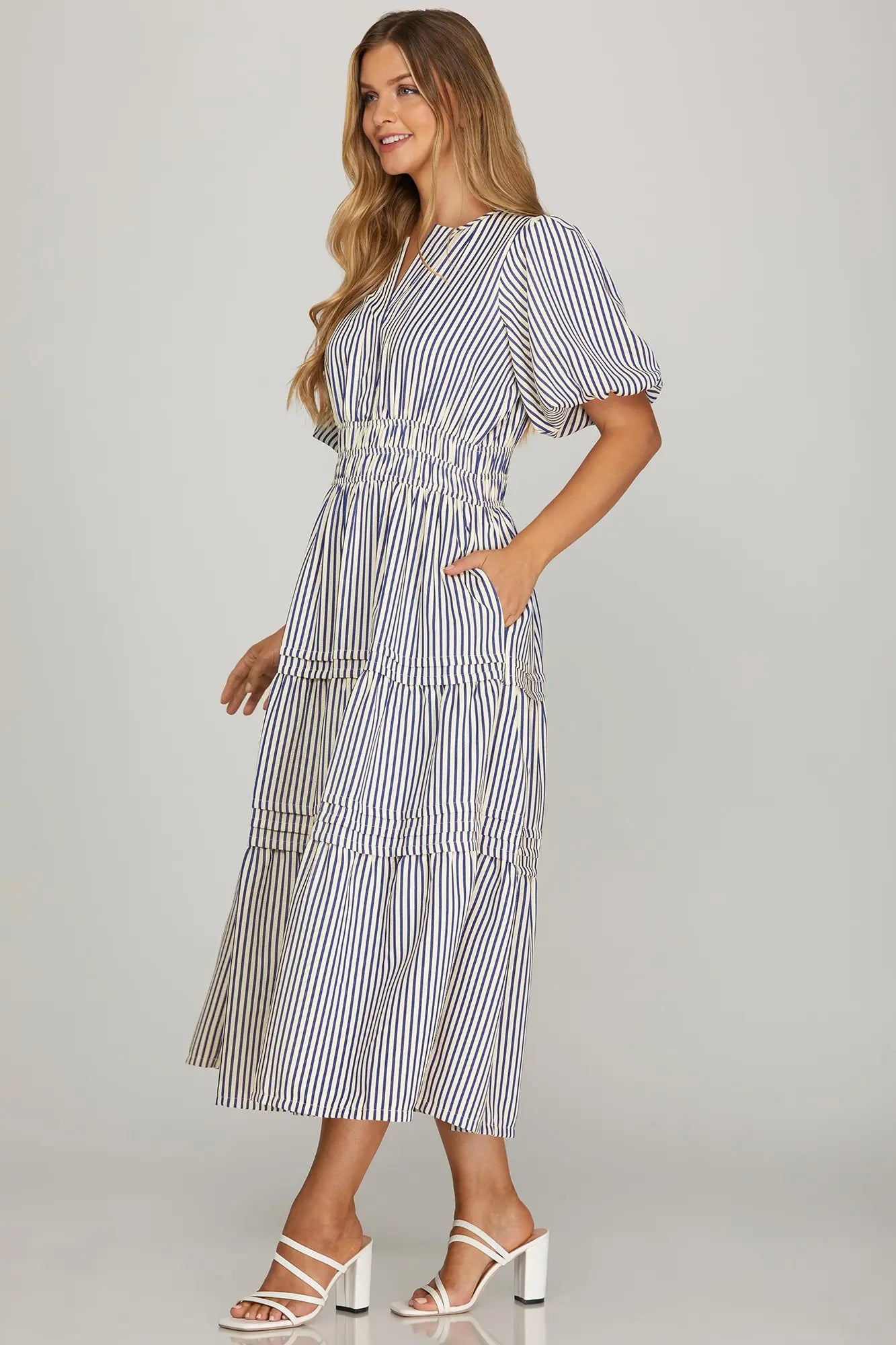 Navy Striped MIDI with Pockets
