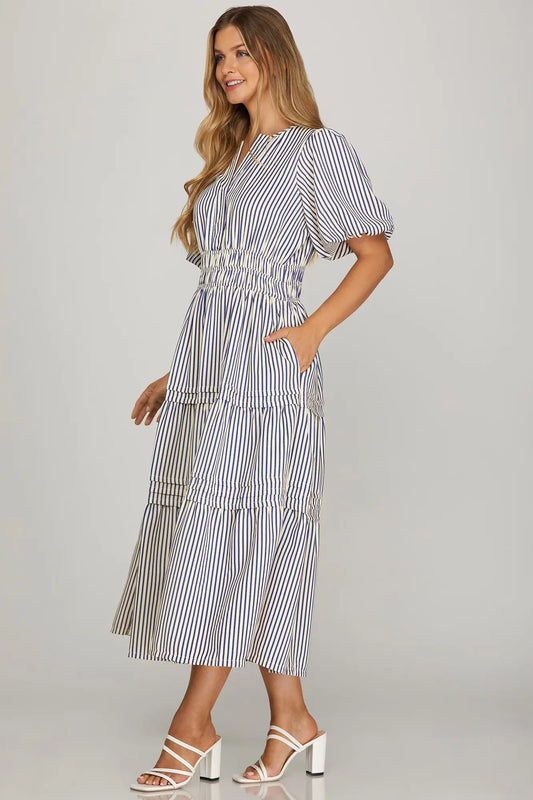 Navy Striped MIDI with Pockets