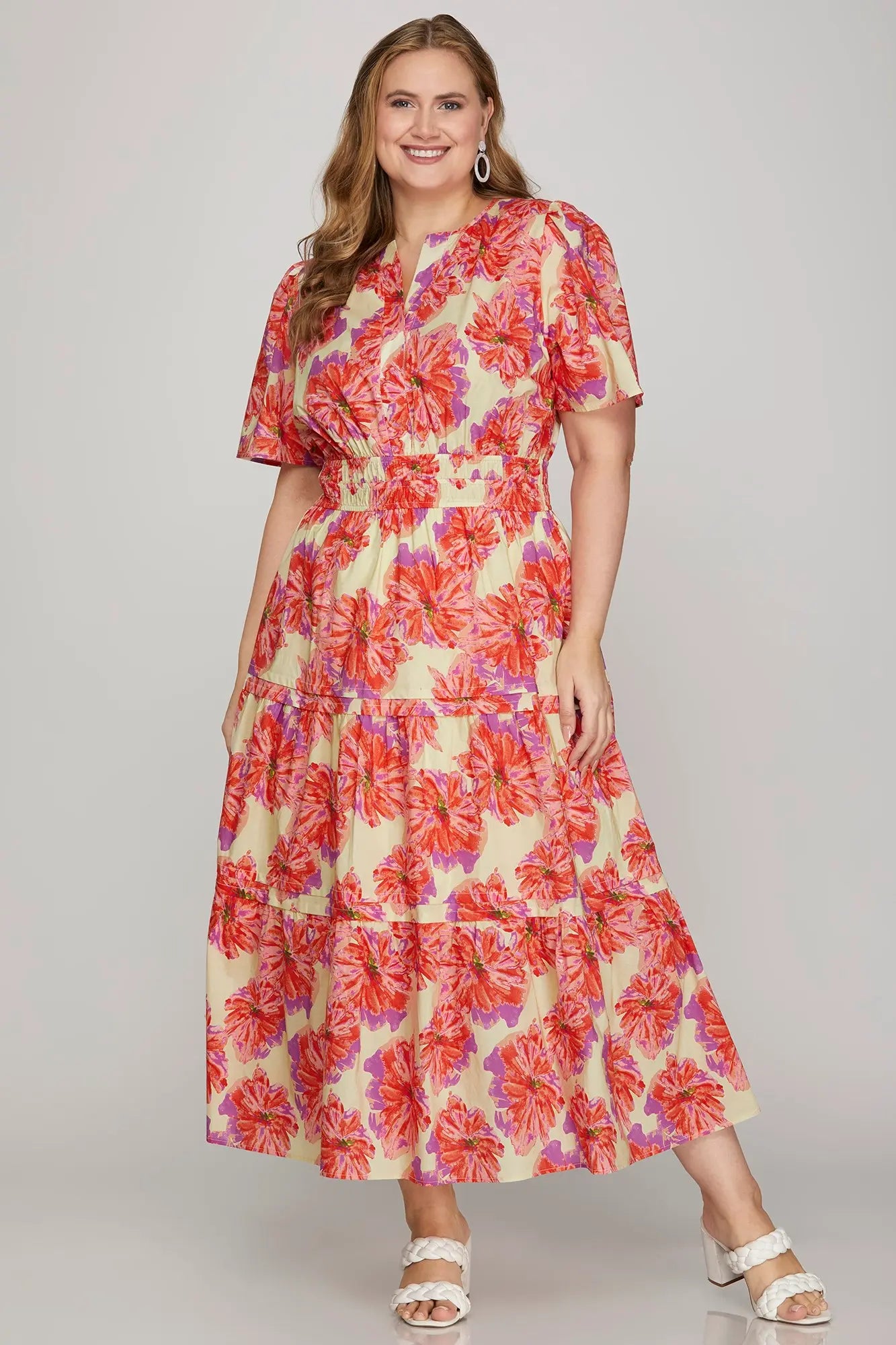 Floral Print MIDI Dress with Pintuck and Pockets