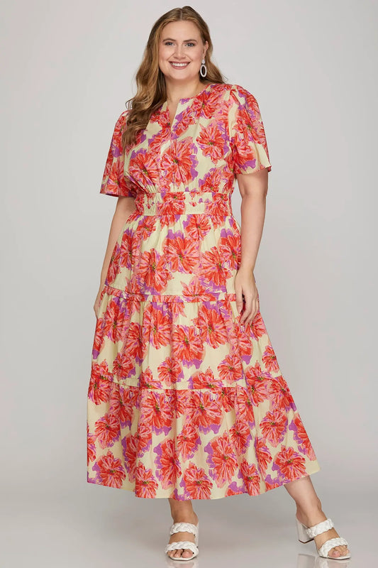 Floral Print MIDI Dress with Pintuck and Pockets