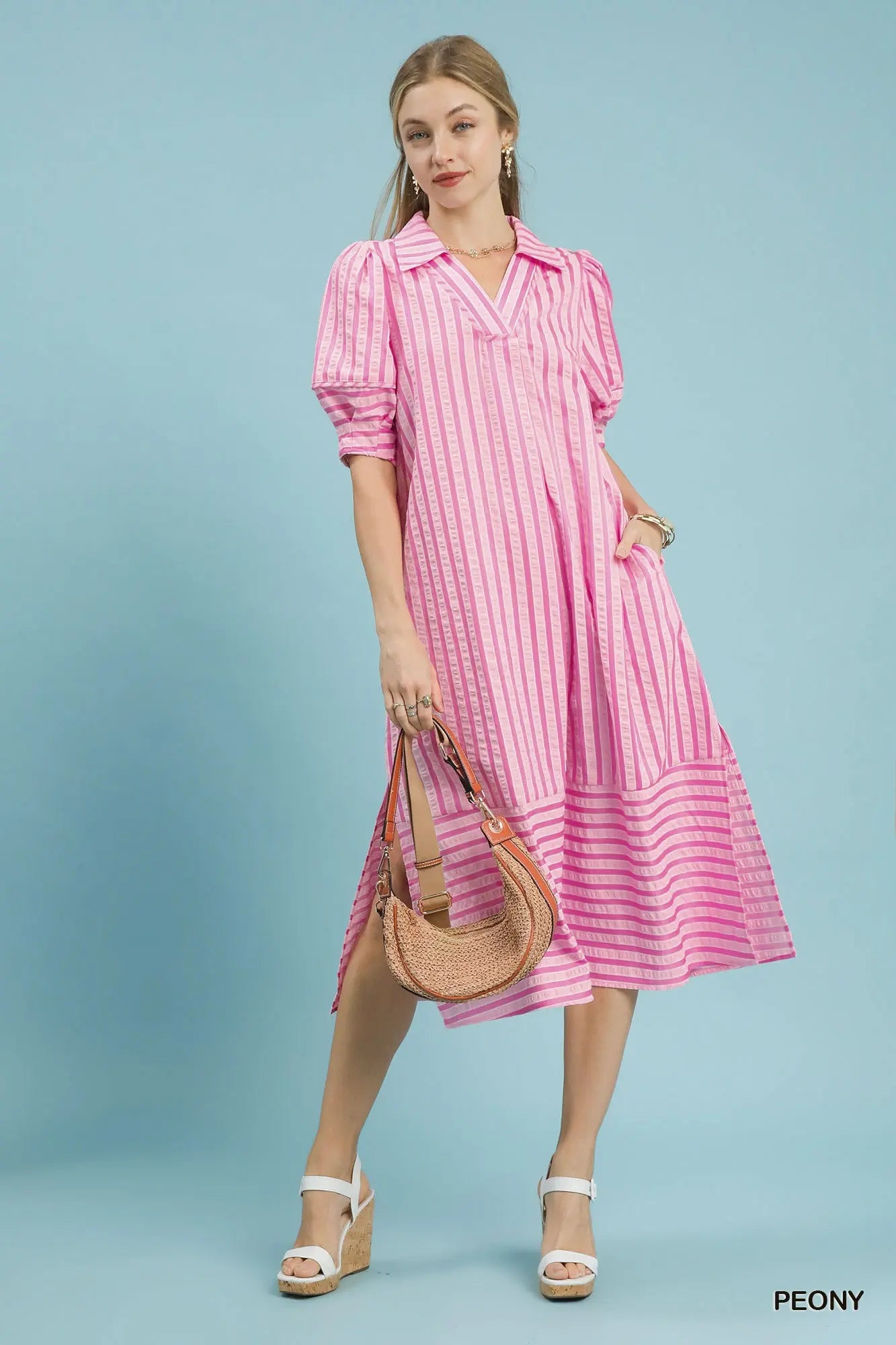 Striped Puff Sleeve Midi Dress