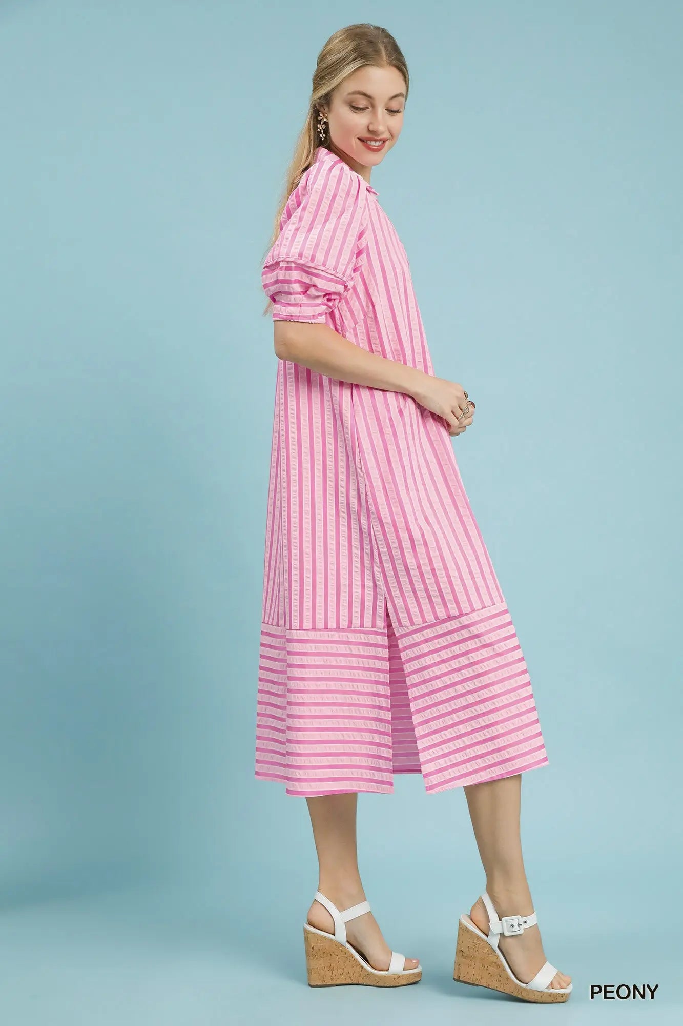 Striped Puff Sleeve Midi Dress