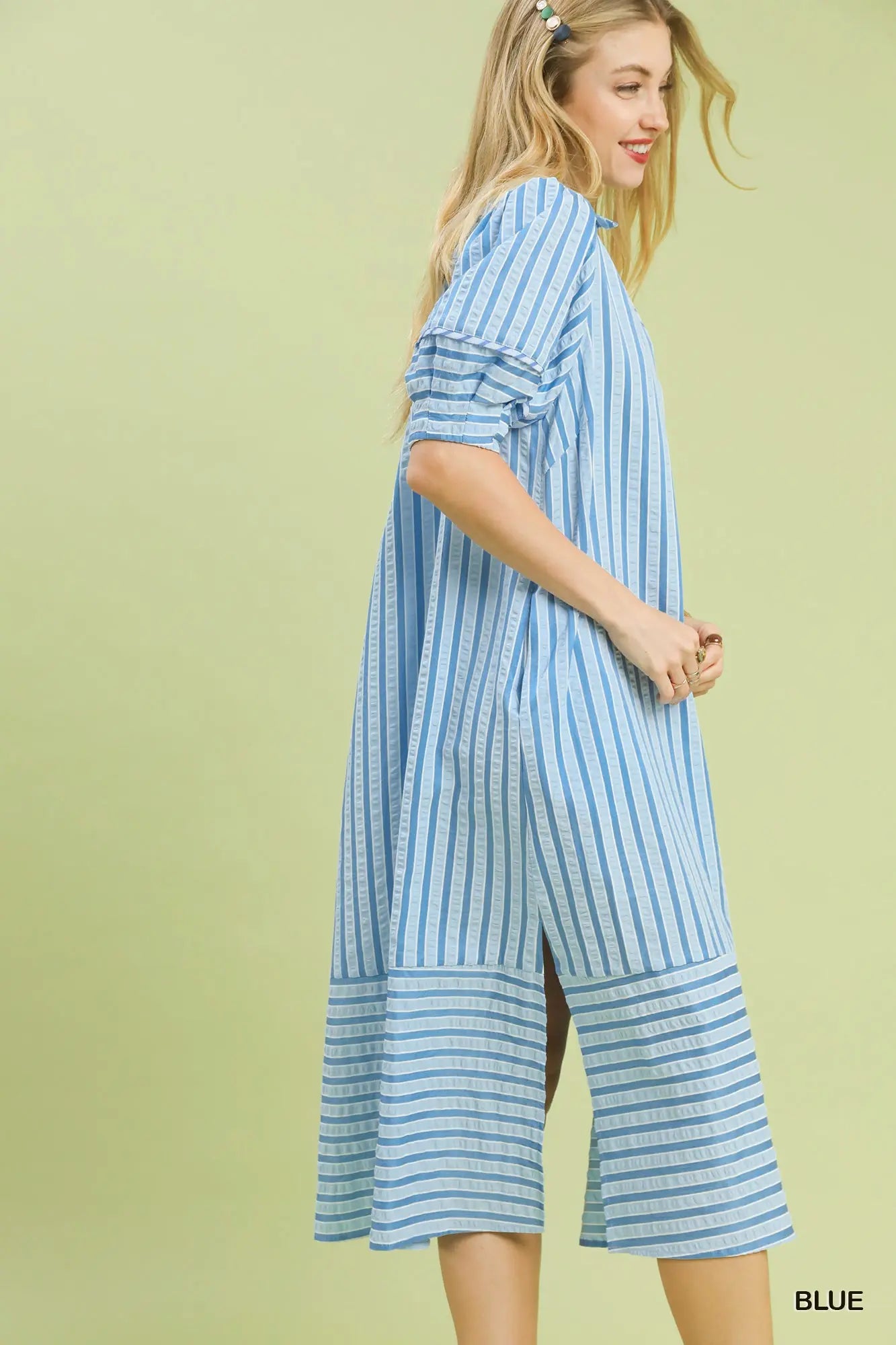 Striped Puff Sleeve Midi Dress