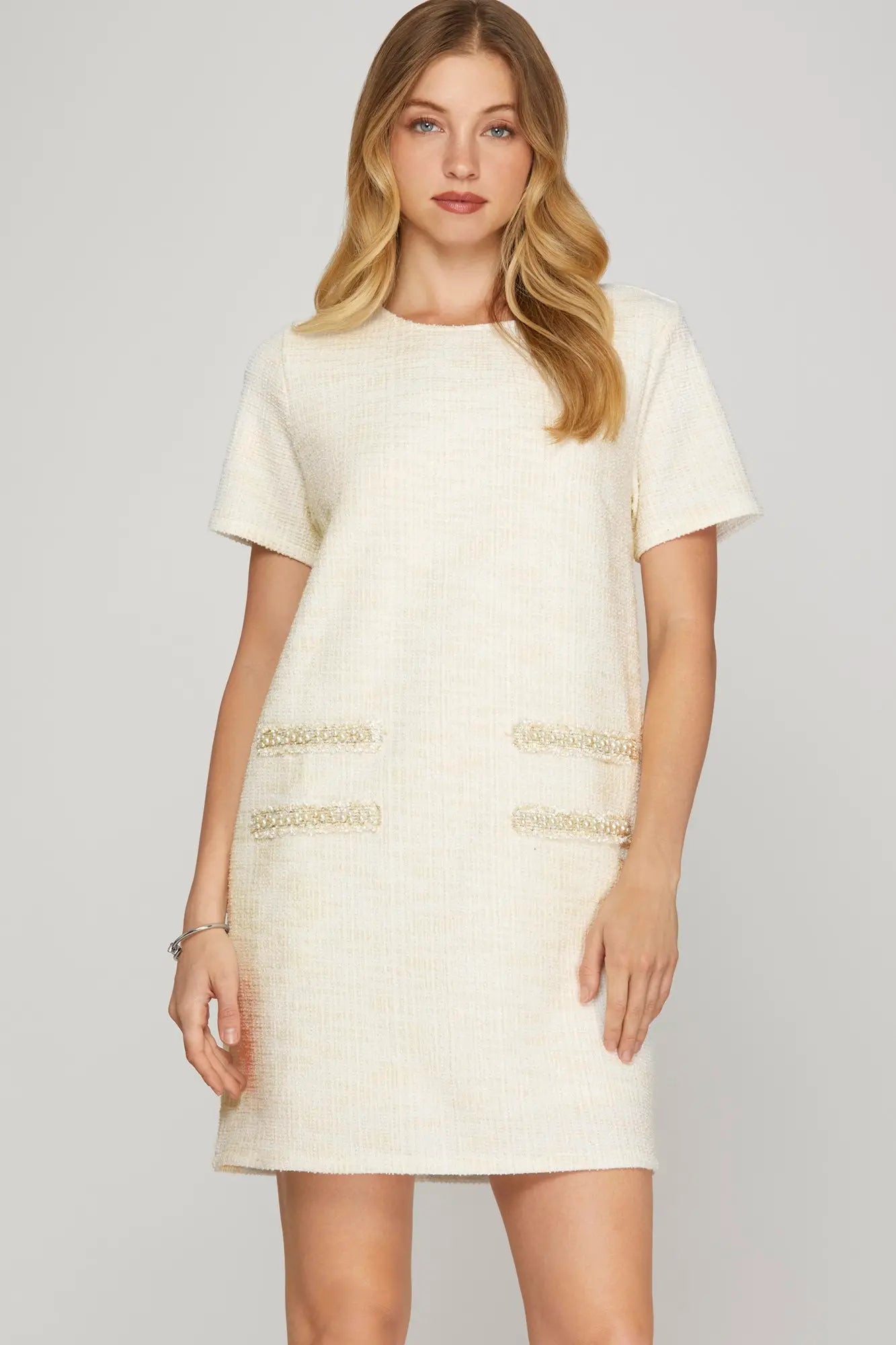 Short Sleeve Pearl Studded Dress
