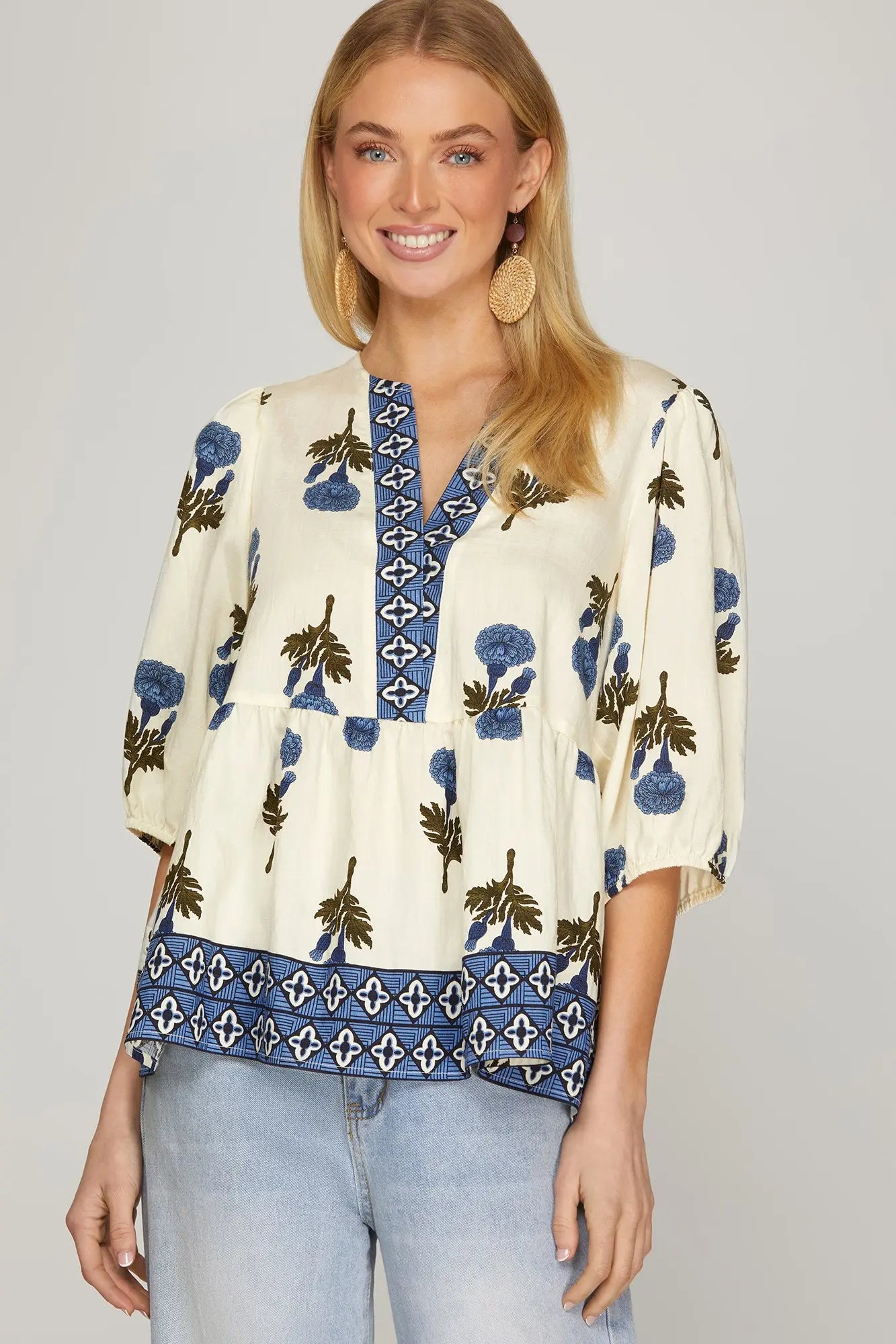 Half Sleeve Woven Floral Print Top