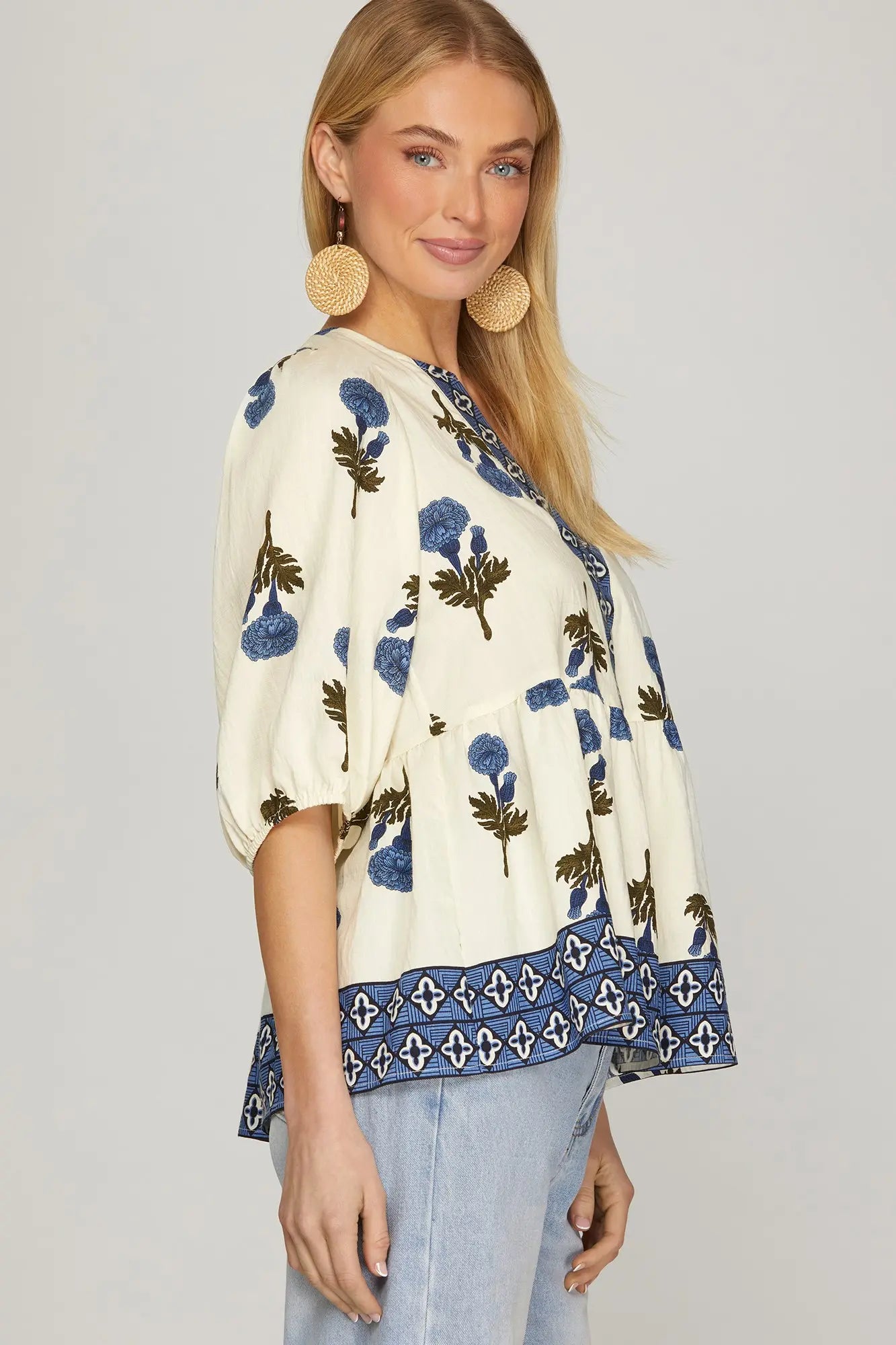 Half Sleeve Woven Floral Print Top
