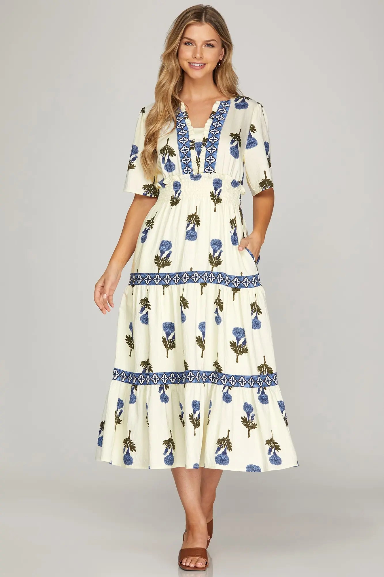 Floral Print Woven Tiered Midi Dress