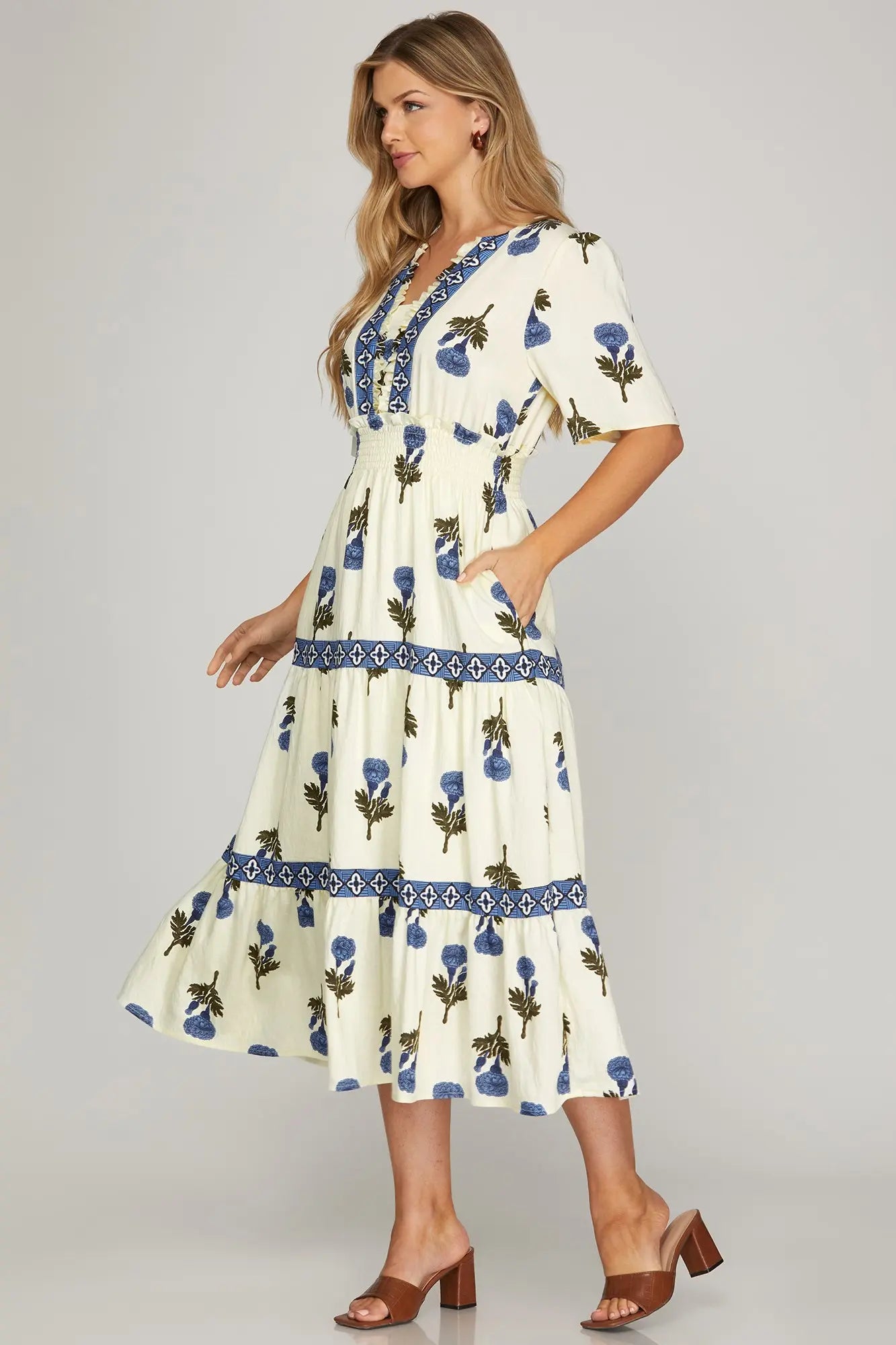 Floral Print Woven Tiered Midi Dress