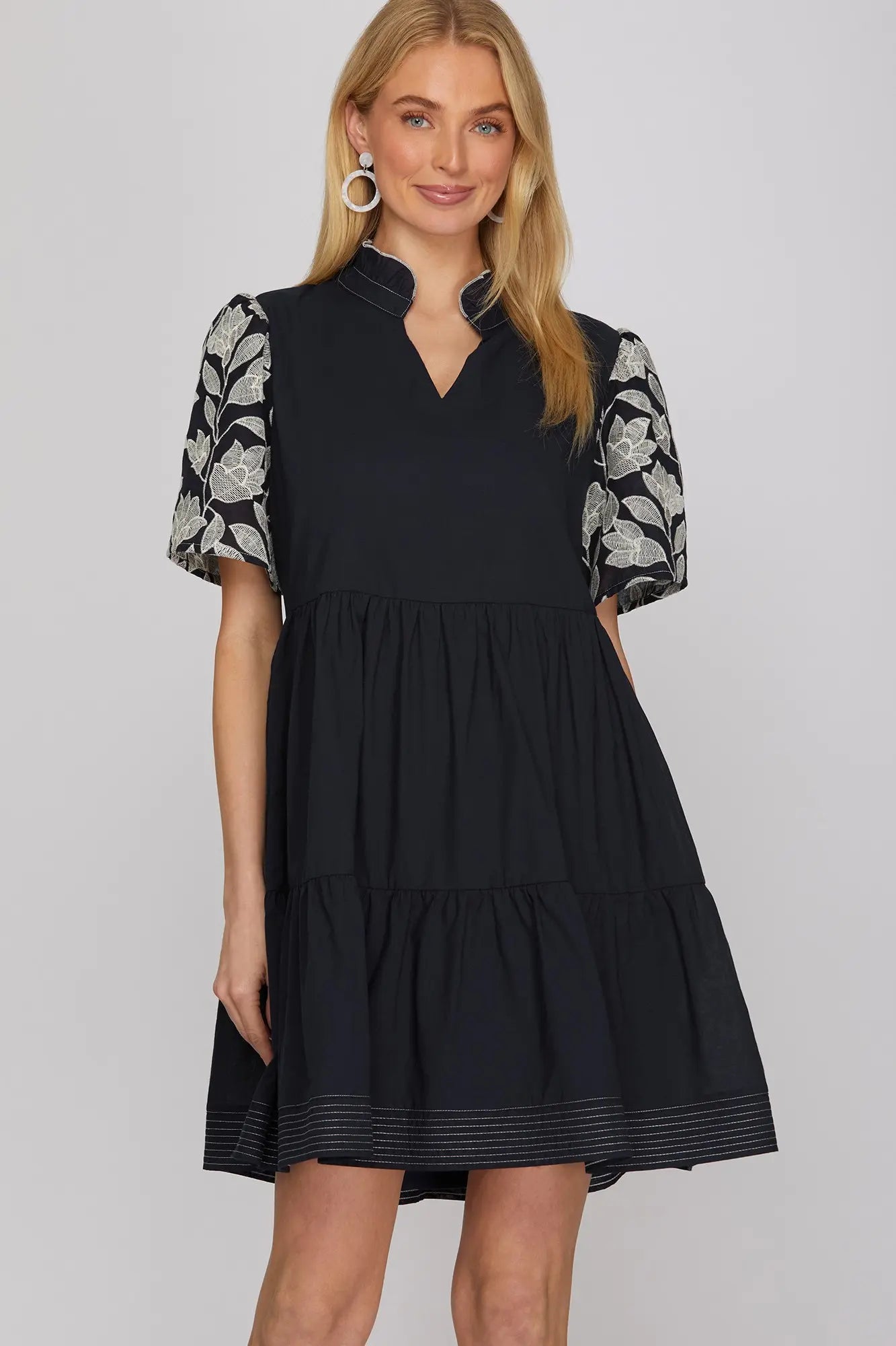Short Embroidered Sleeve Woven Mini Dress