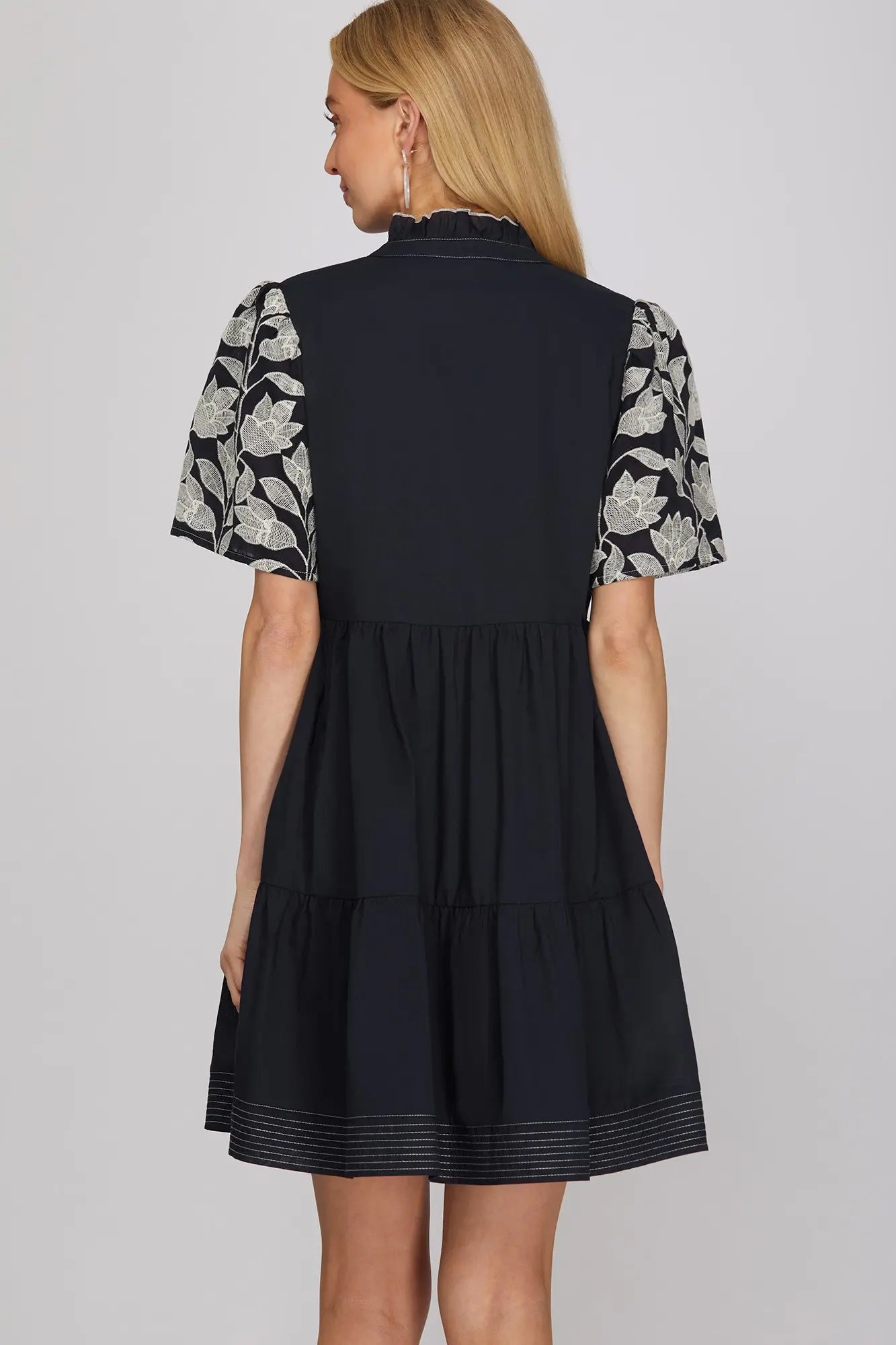 Short Embroidered Sleeve Woven Mini Dress