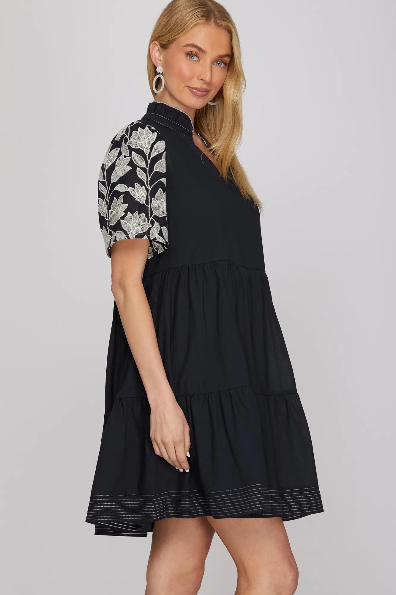 Short Embroidered Sleeve Woven Mini Dress