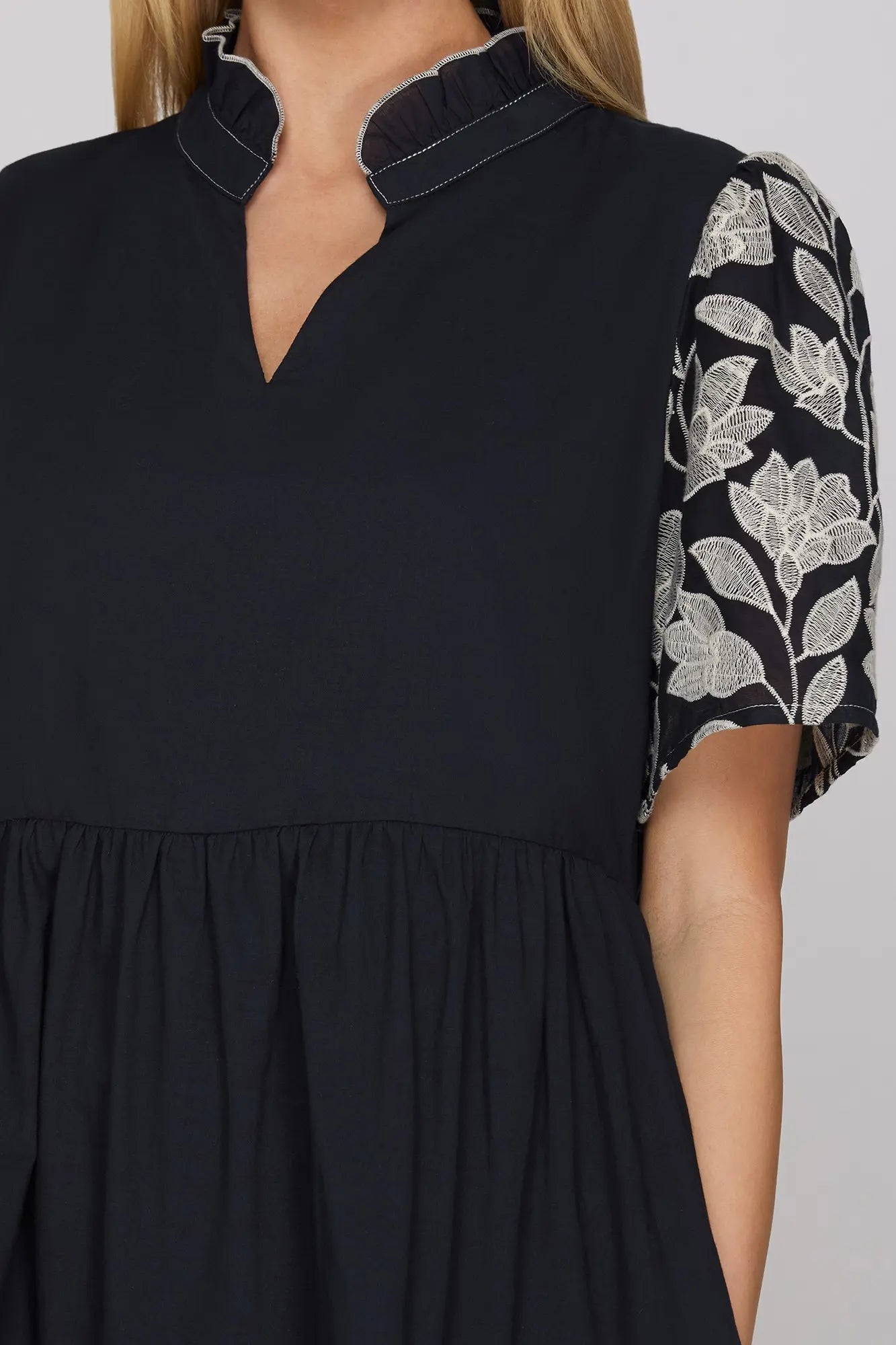 Short Embroidered Sleeve Woven Mini Dress