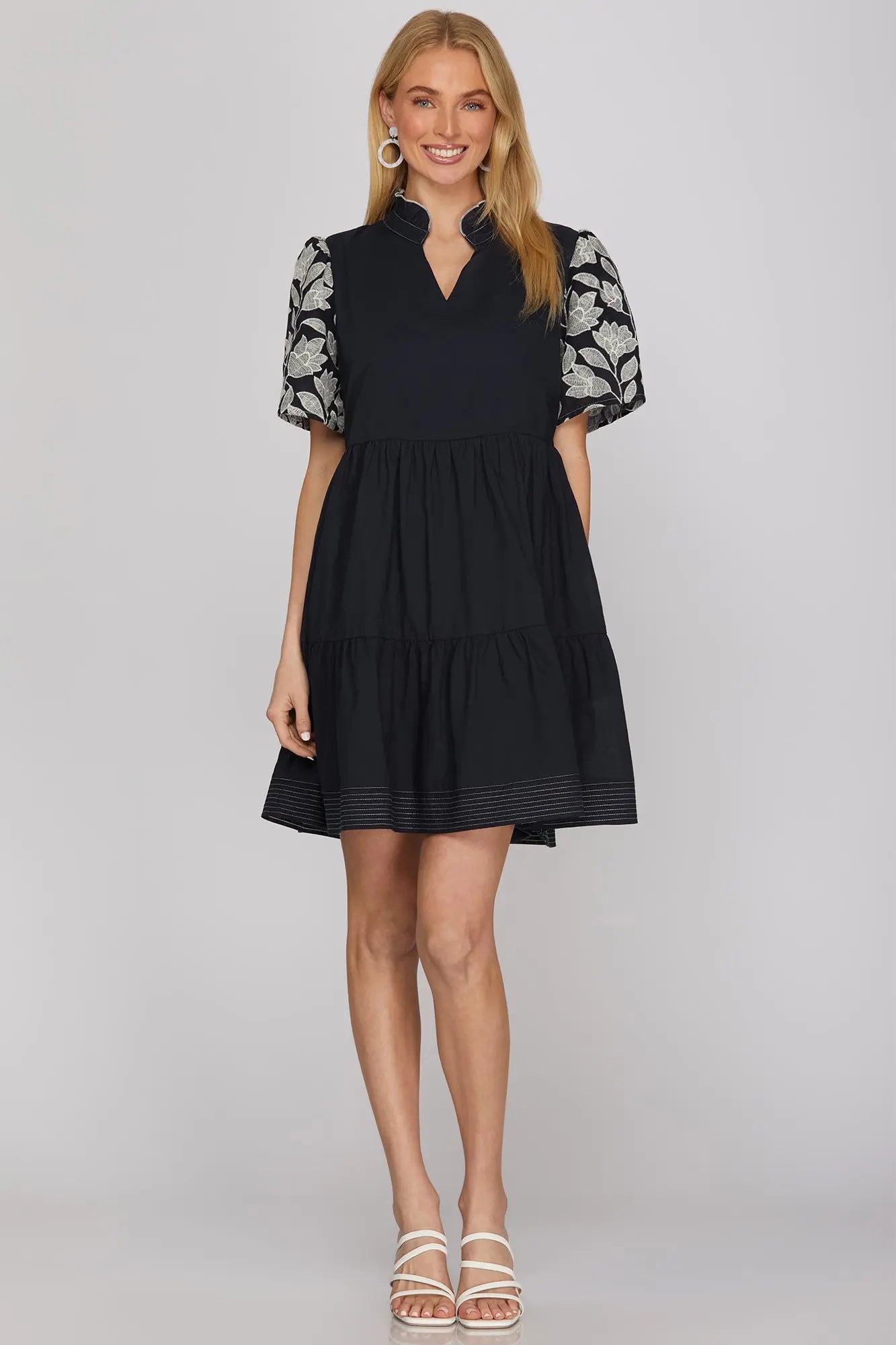 Short Embroidered Sleeve Woven Mini Dress