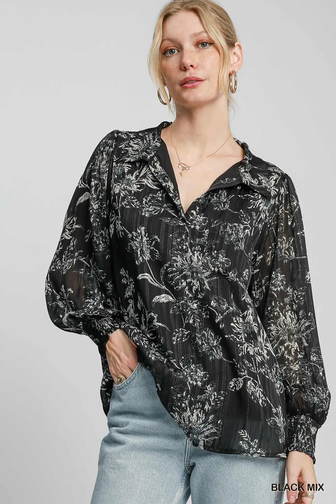 Metallic Threaded Floral Print Top