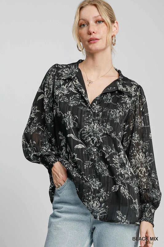 Metallic Threaded Floral Print Top