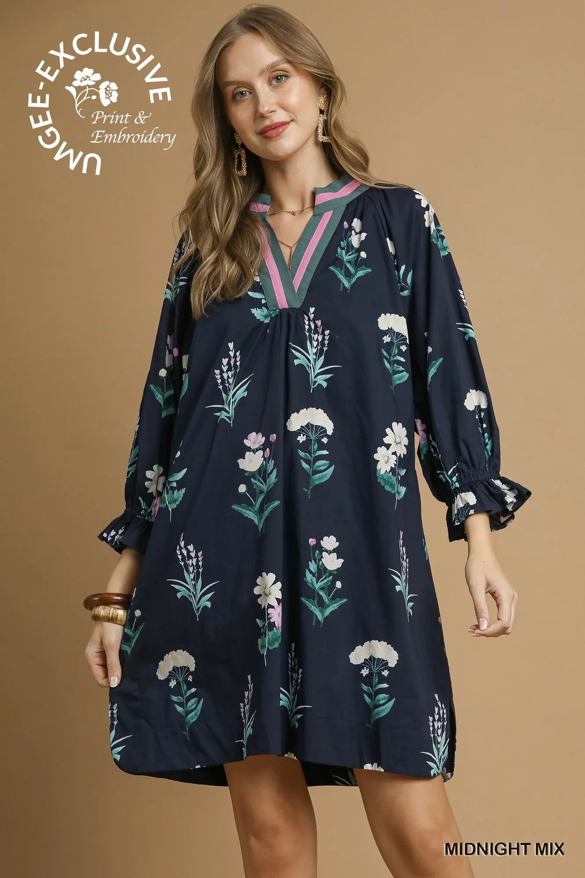 Floral Tunic Dress with Contrast Trim