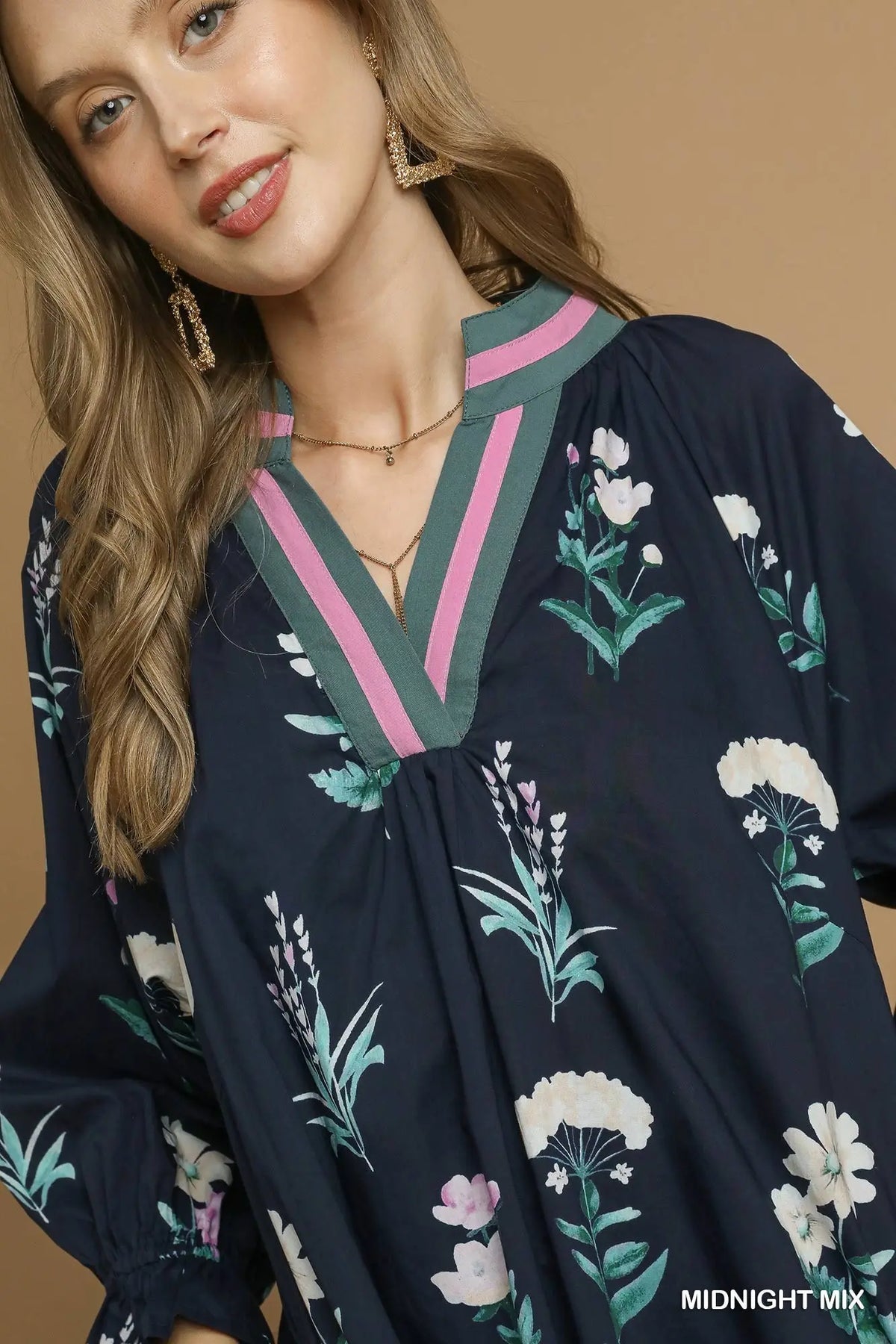 Floral Tunic Dress with Contrast Trim