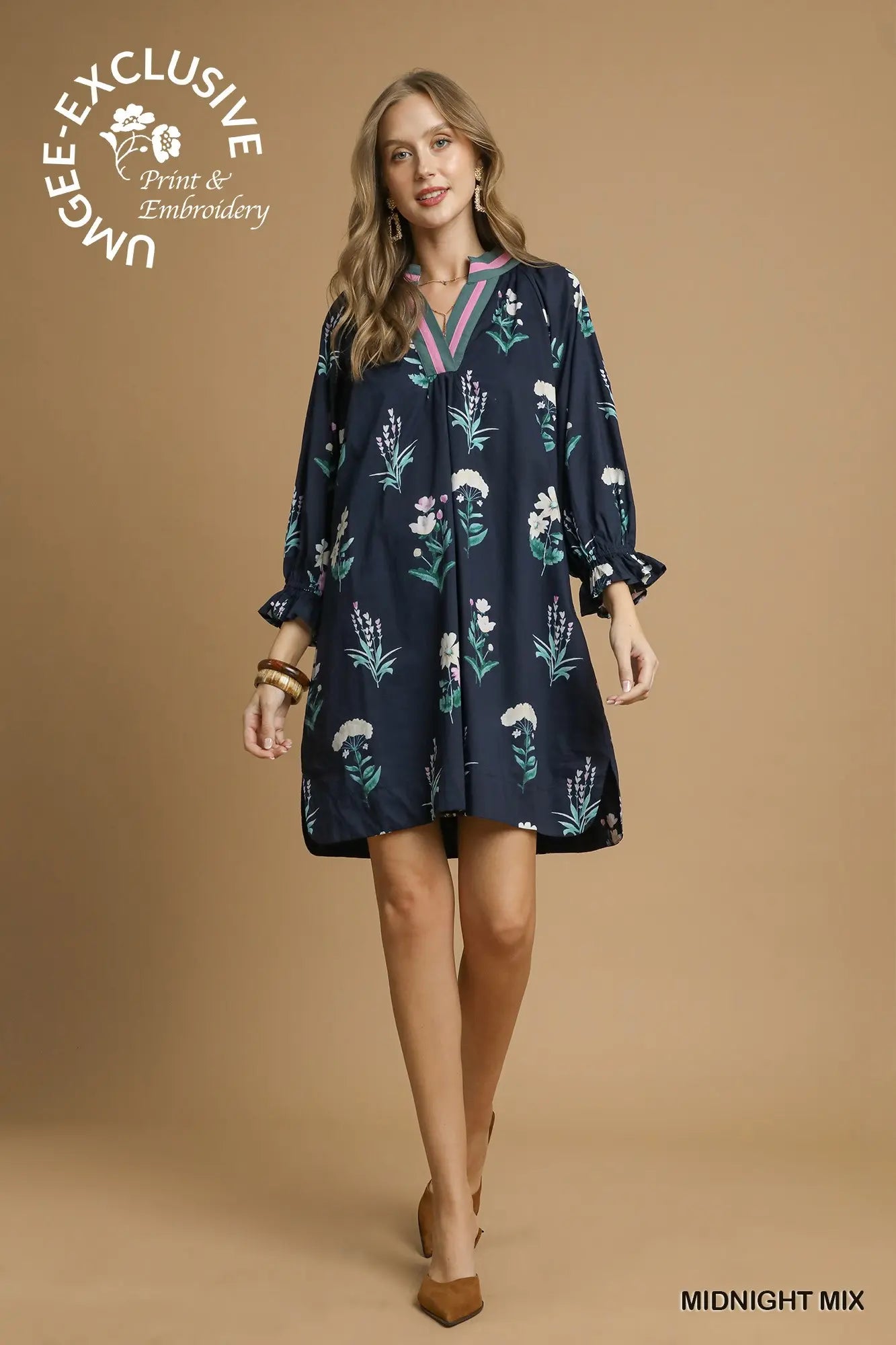 Floral Tunic Dress with Contrast Trim