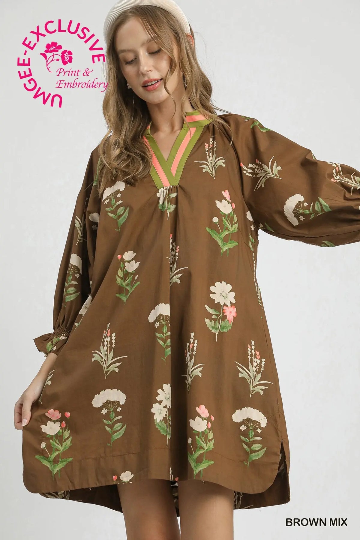 Floral Tunic Dress with Contrast Trim