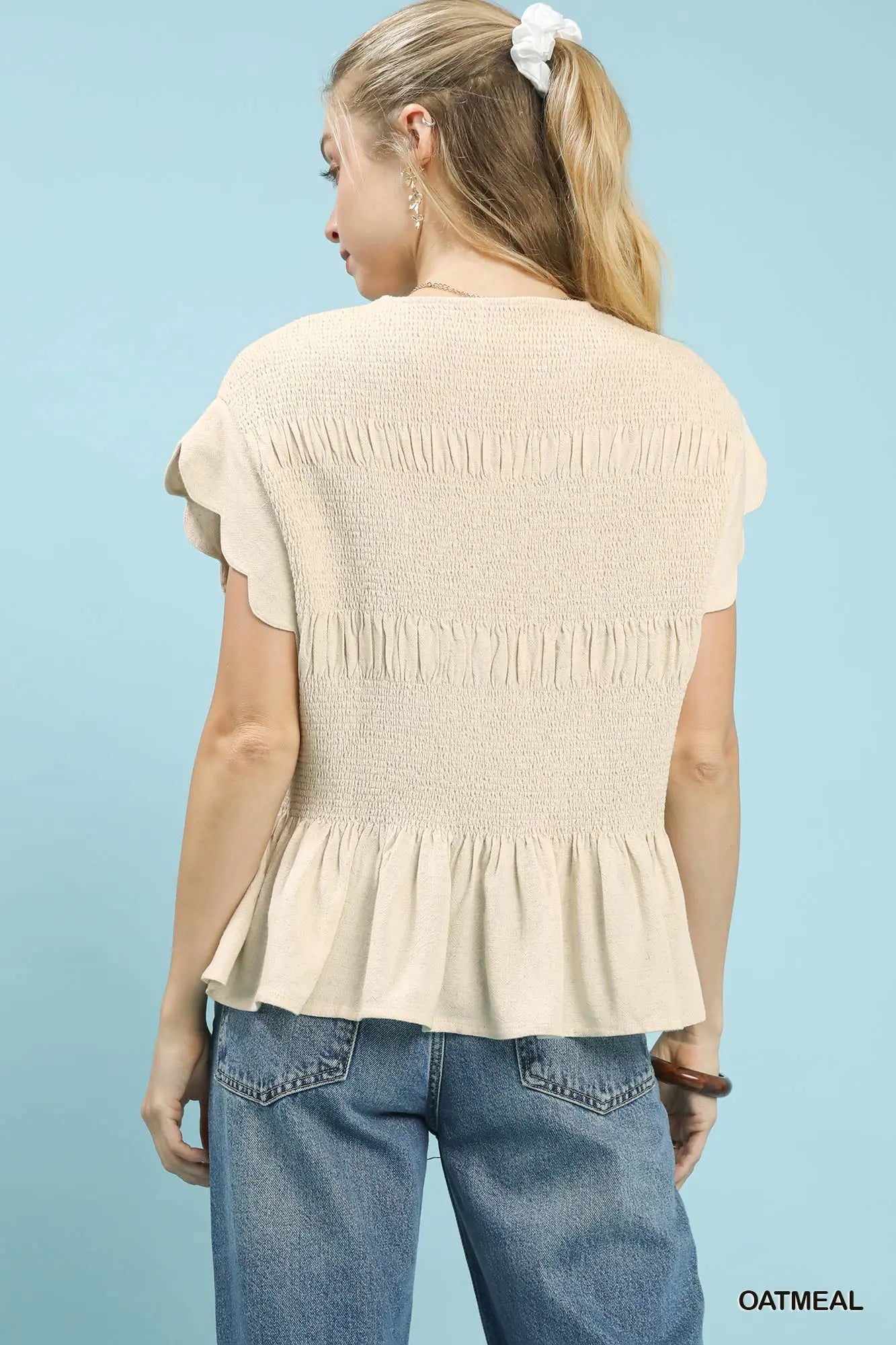 Linen Blend Smocked Peplum Top
