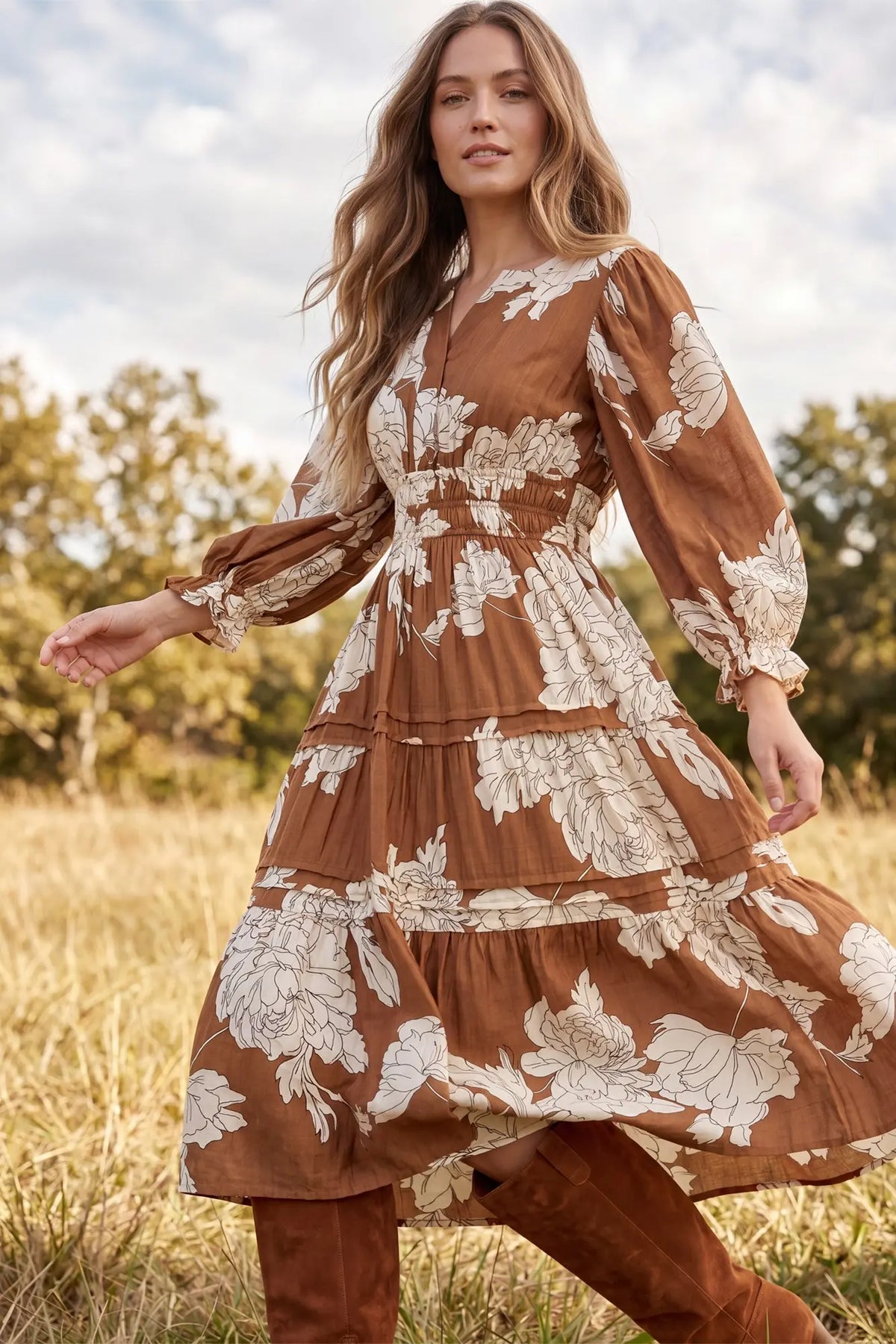 Tiered Floral Print Woven Midi Dress