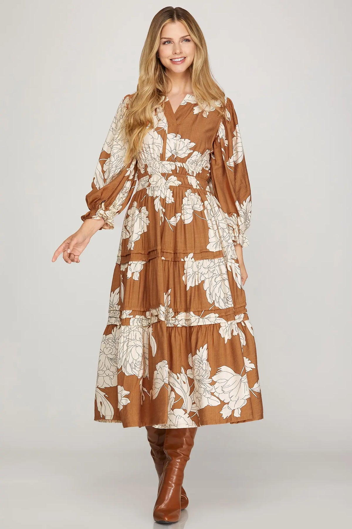 Tiered Floral Print Woven Midi Dress