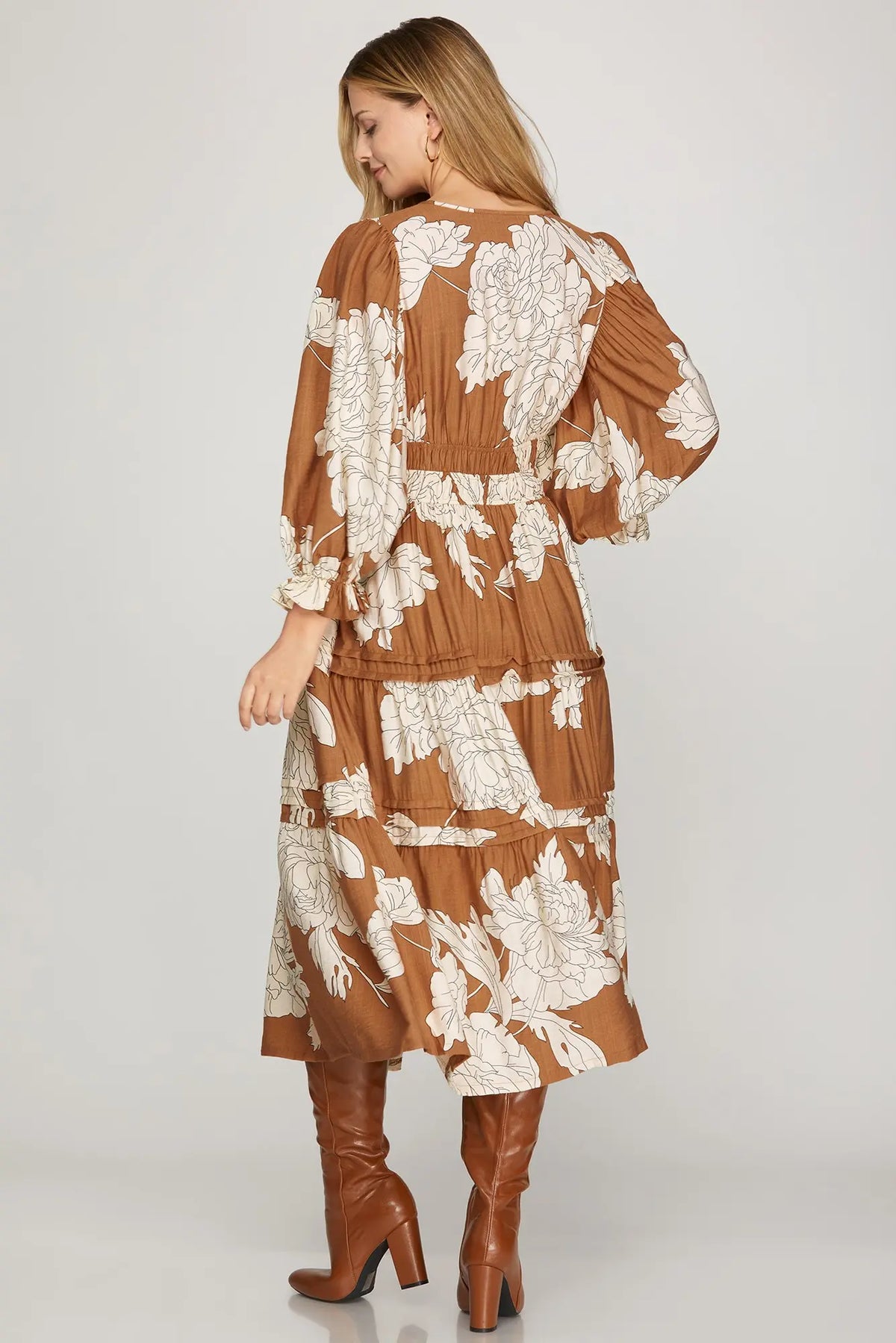 Tiered Floral Print Woven Midi Dress