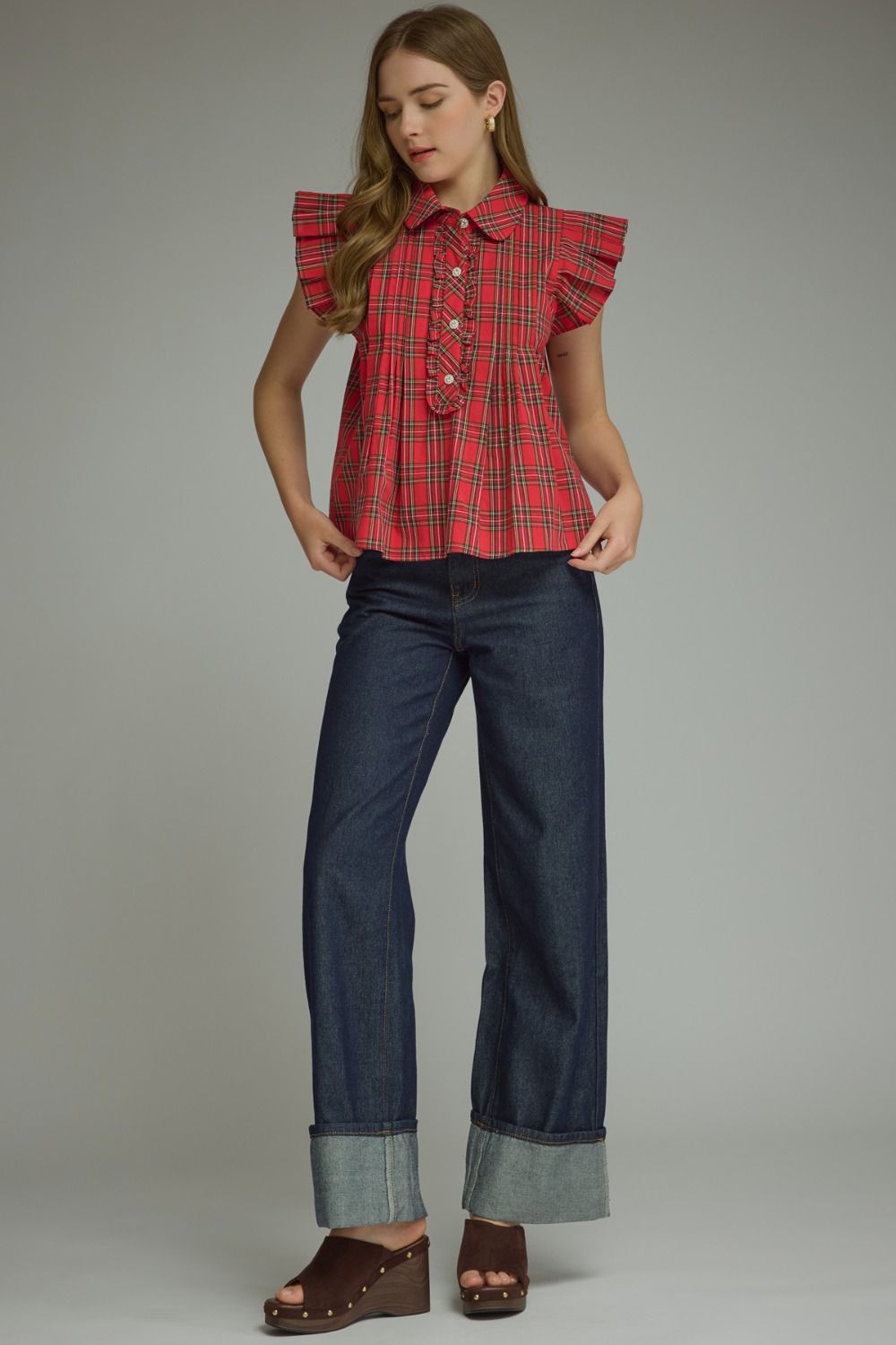 Plaid Ruffle Sleeve Top