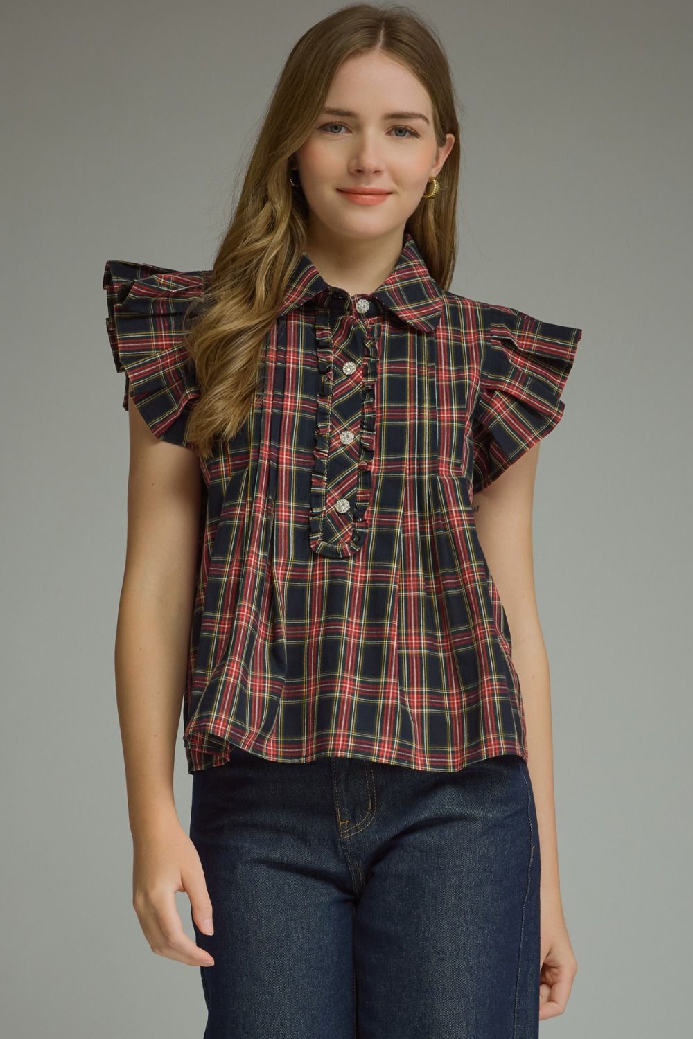 Plaid Ruffle Sleeve Top