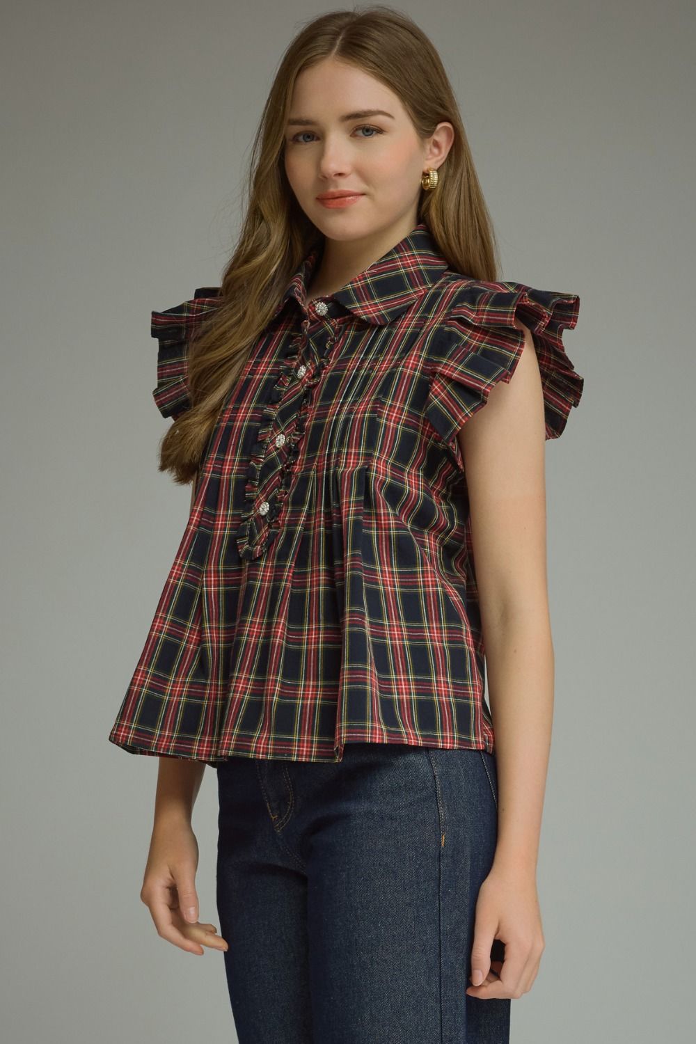 Plaid Ruffle Sleeve Top