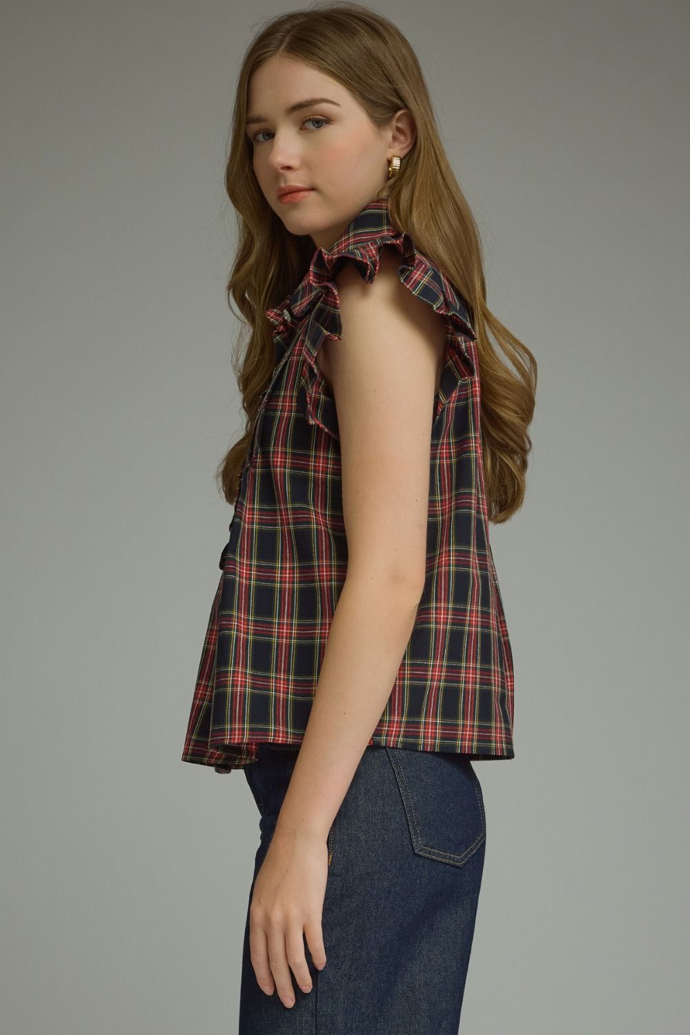 Plaid Ruffle Sleeve Top