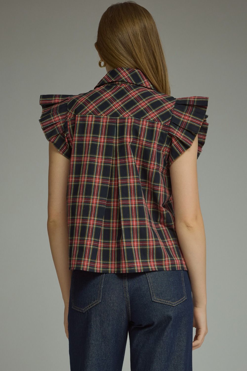 Plaid Ruffle Sleeve Top