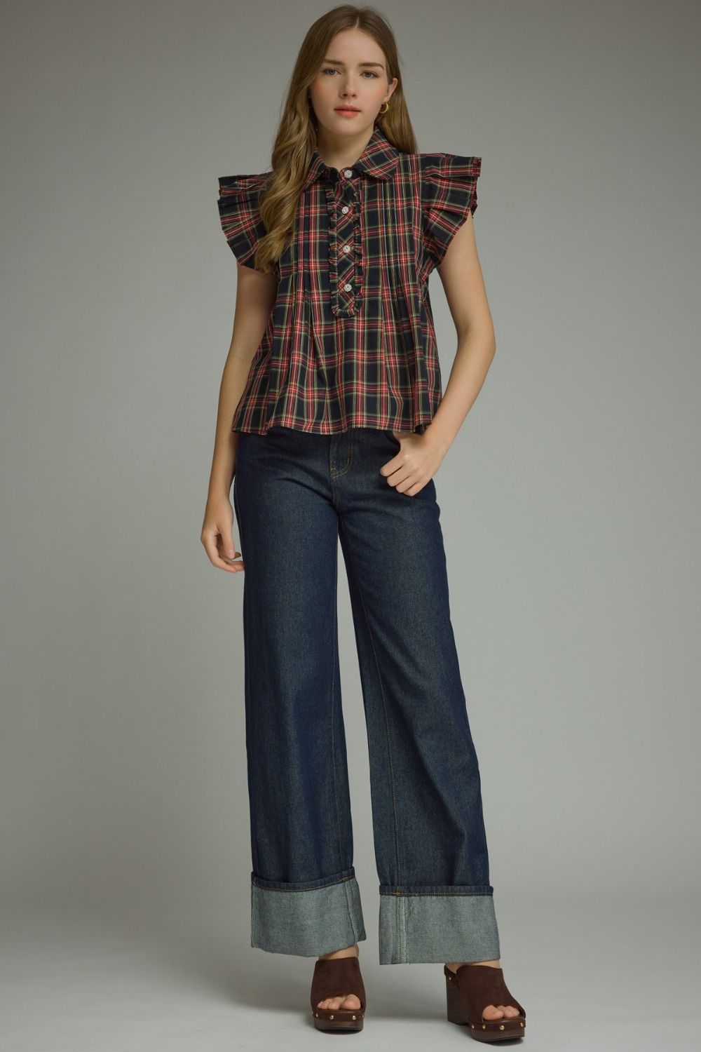 Plaid Ruffle Sleeve Top