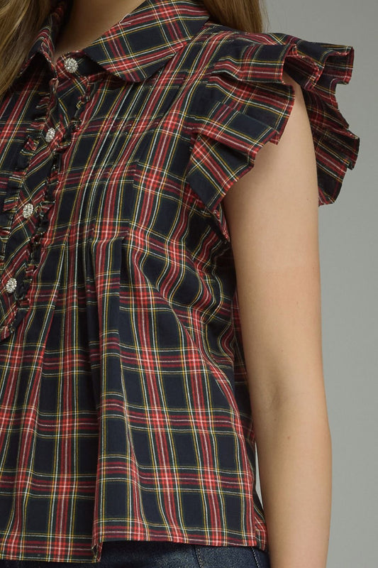 Plaid Ruffle Sleeve Top