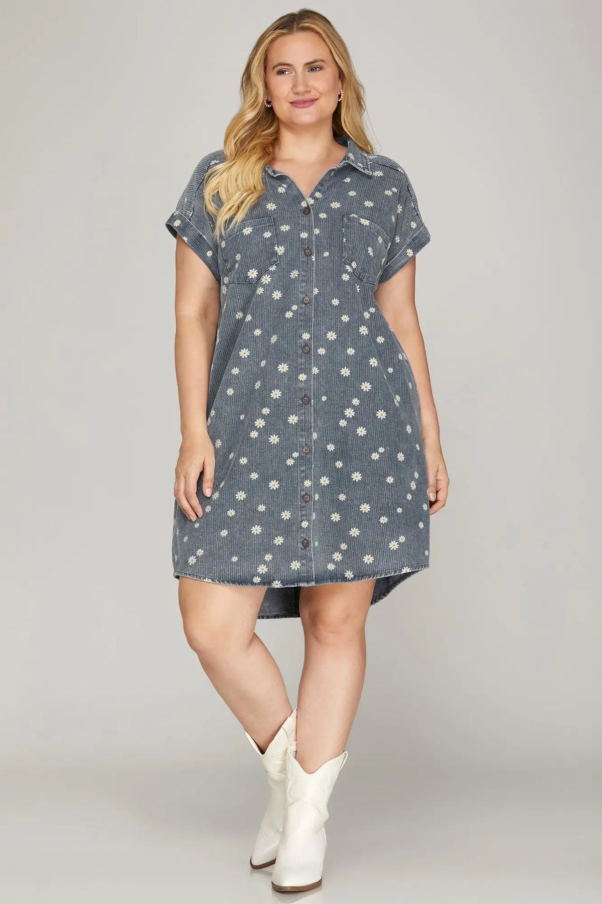 Flower Print Denim Shirt Dress
