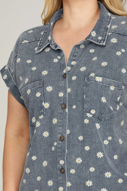 Flower Print Denim Shirt Dress