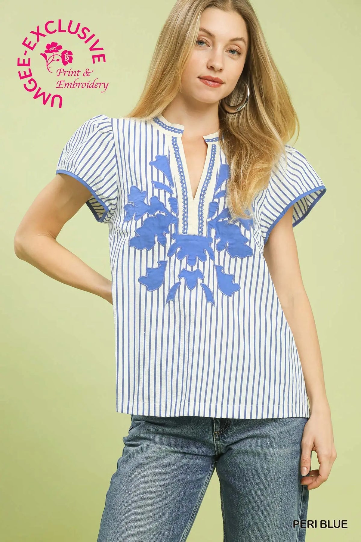 V-Neck Stripe Top with Lace Trim