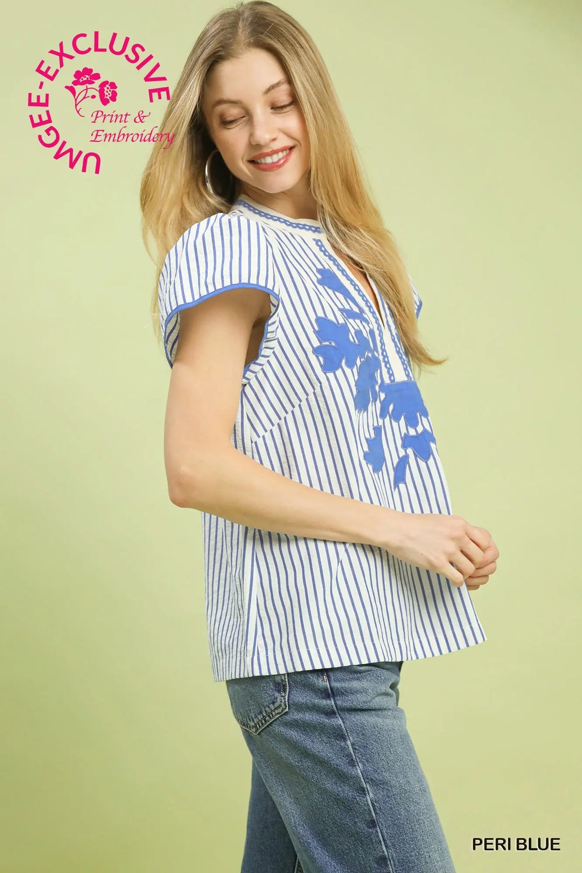 V-Neck Stripe Top with Lace Trim