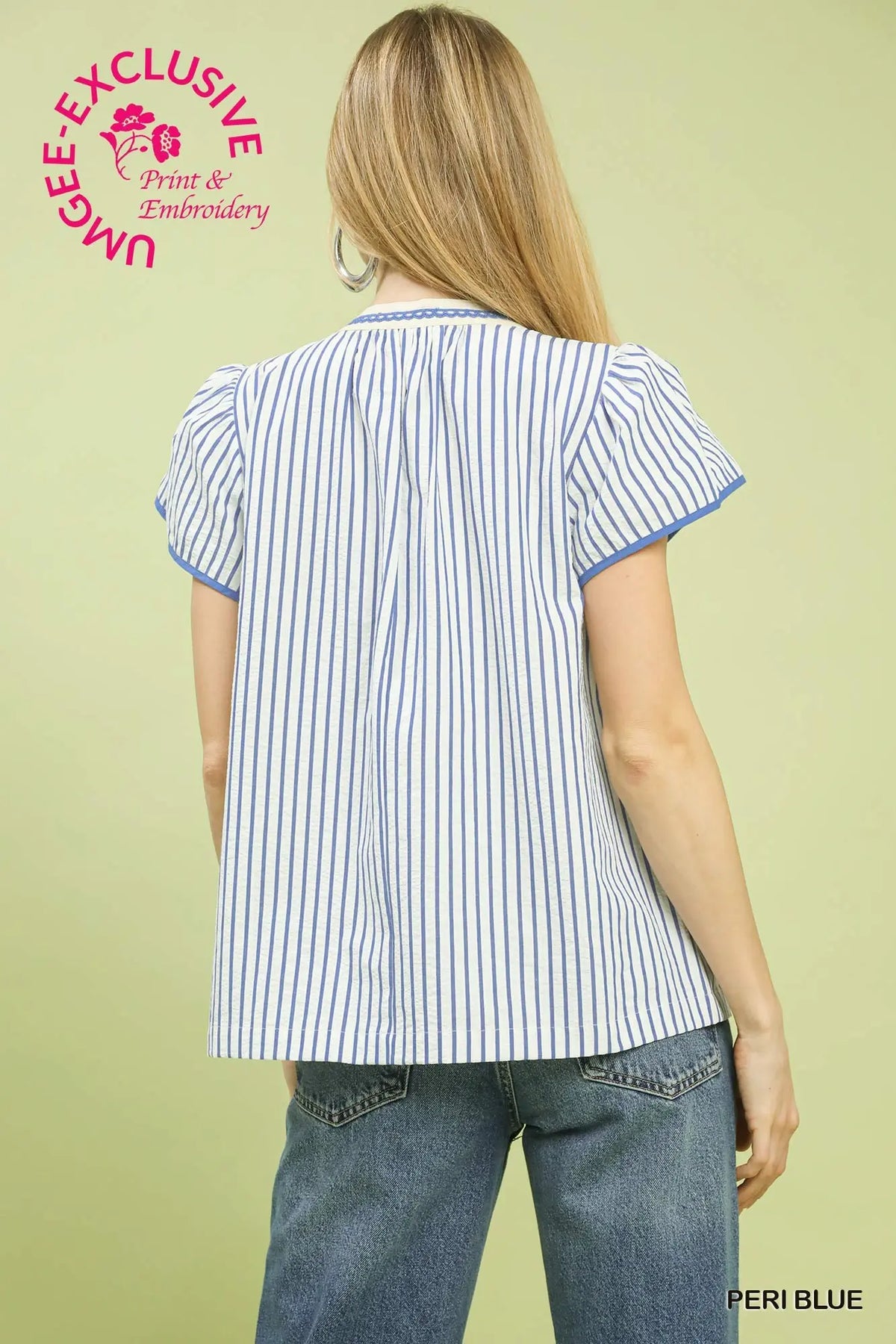 V-Neck Stripe Top with Lace Trim