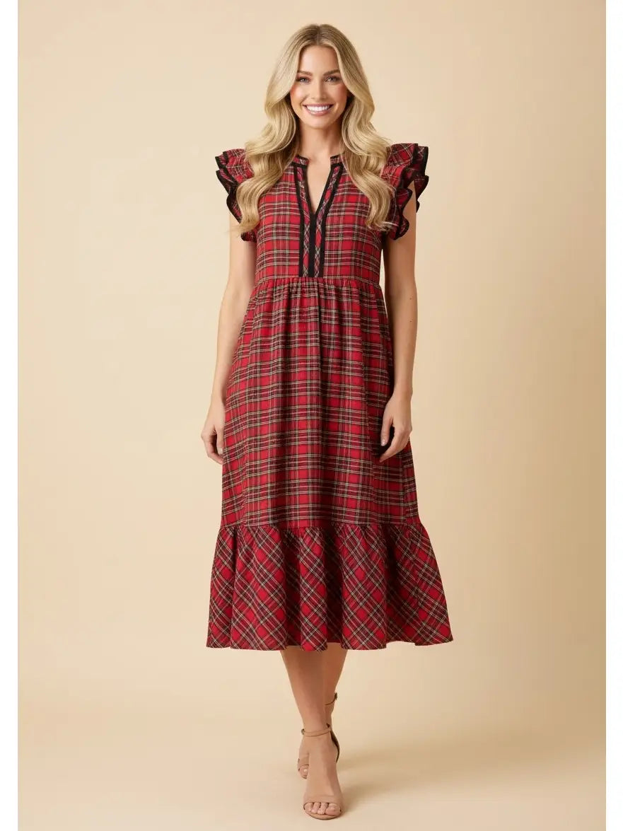 Plaid Ruffle Sleeve Tiered Midi Dress