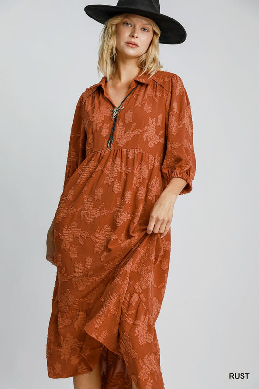 Textured Floral Print Midi Dress