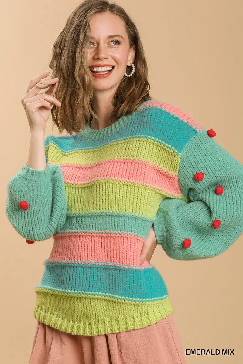 Color Block Pullover Sweater with Pom Pom Sleeves