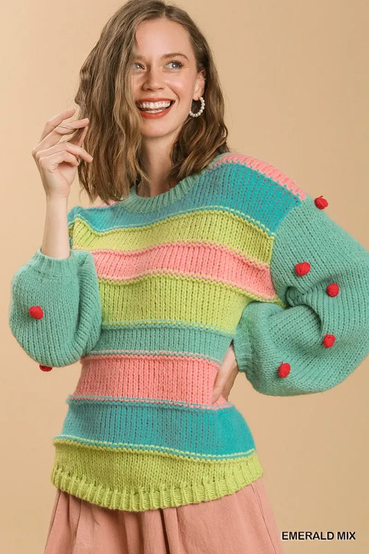 Color Block Pullover Sweater with Pom Pom Sleeves