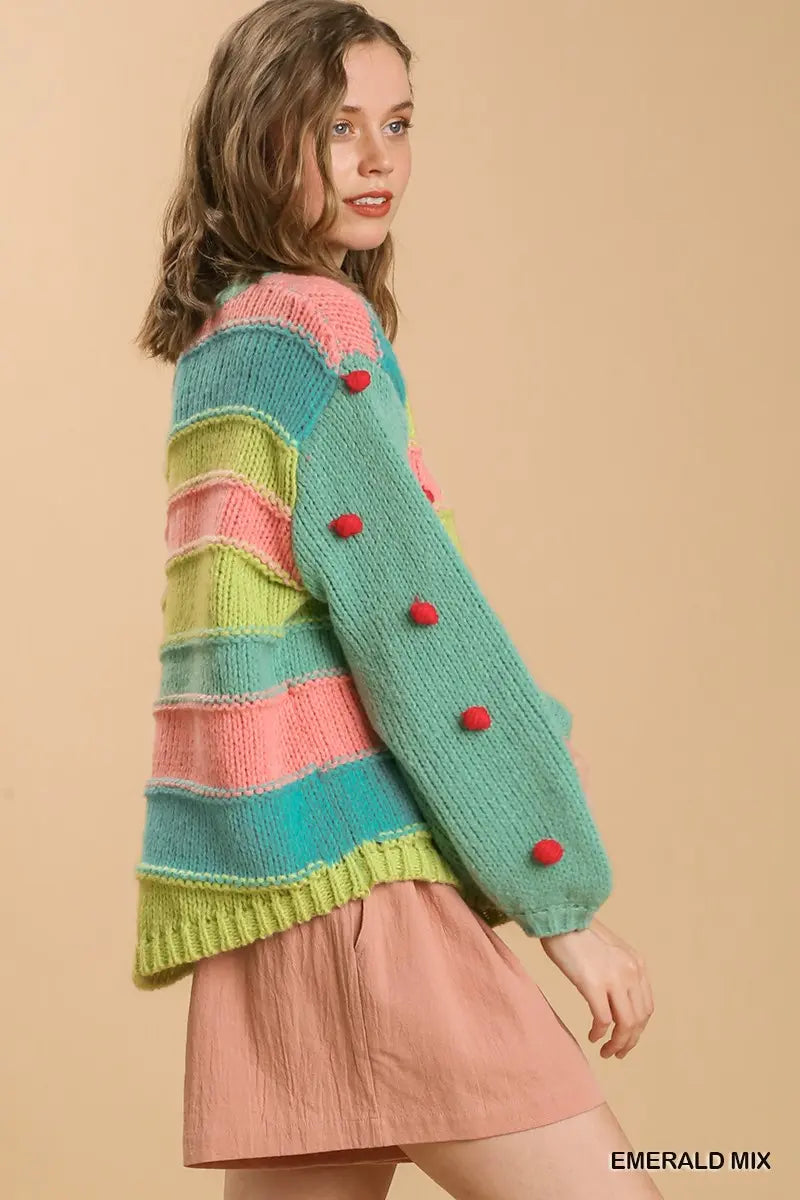 Color Block Pullover Sweater with Pom Pom Sleeves