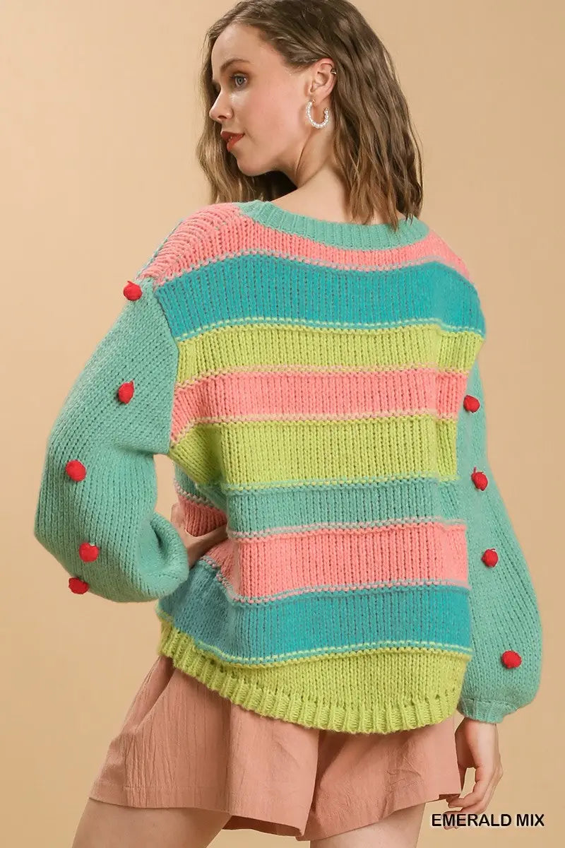 Color Block Pullover Sweater with Pom Pom Sleeves